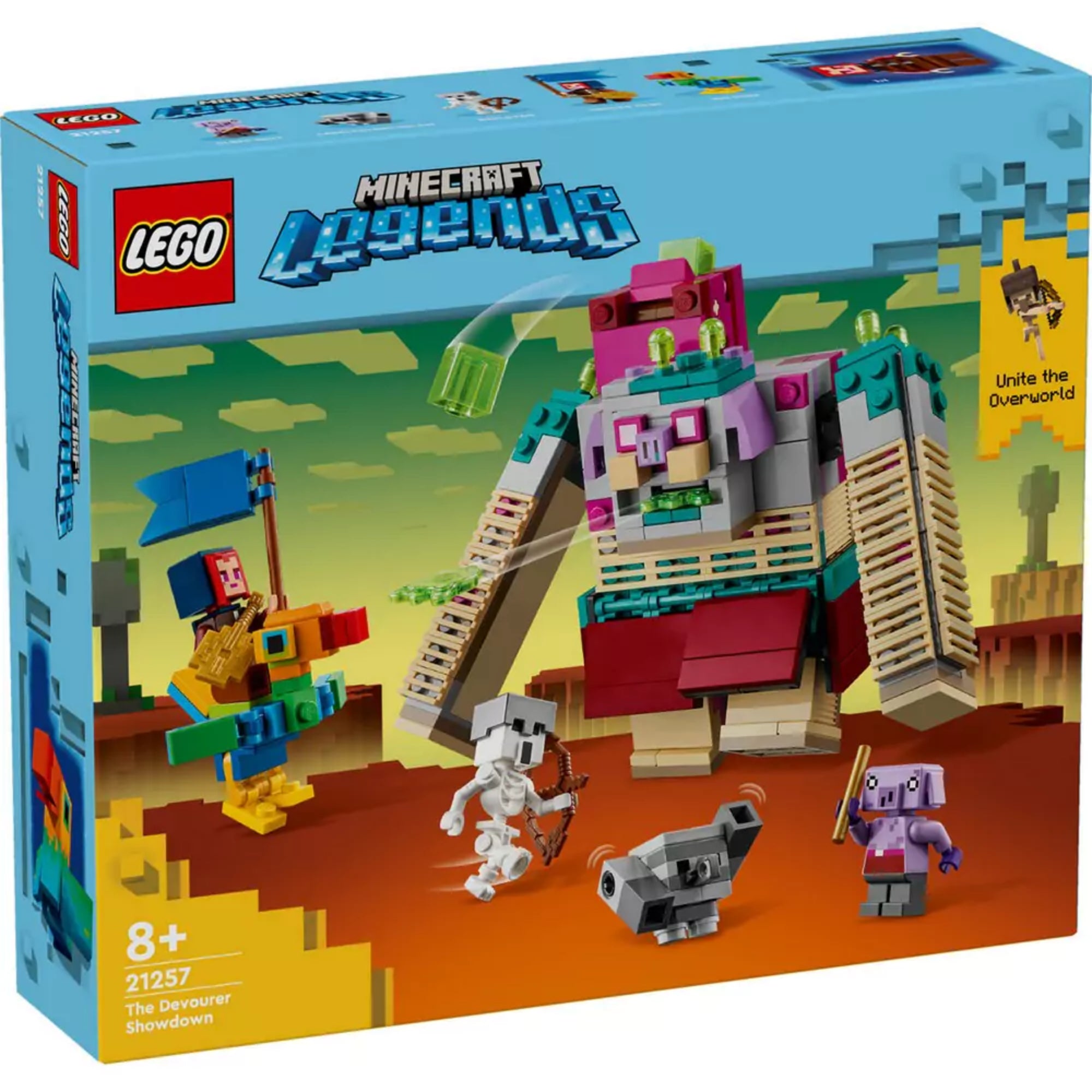 LEGO Minecraft A Zabáló leszámolás (21257) dobozkép elölnézetből, akciójelenettel a Zabáló és a hős karakterek között sivatagos háttérrel.