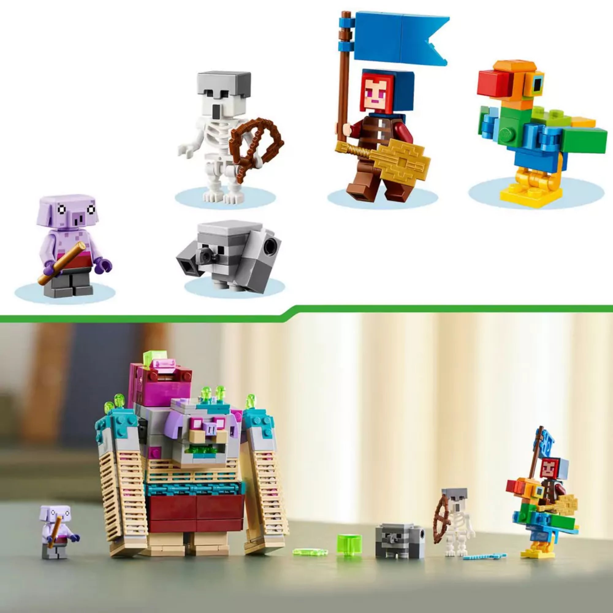 LEGO Minecraft A Zabáló leszámolás (21257) készlet szereplői közelről: csontváz íjjal, malac, hős lovason, színes papagáj és lila bőrű varázsló figura.