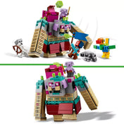 LEGO Minecraft A Zabáló leszámolás (21257) készlet elölről és hátulról nézve: csatában mozgó Zabáló szörny, hős támadásra készül, a figurák körbeveszik.