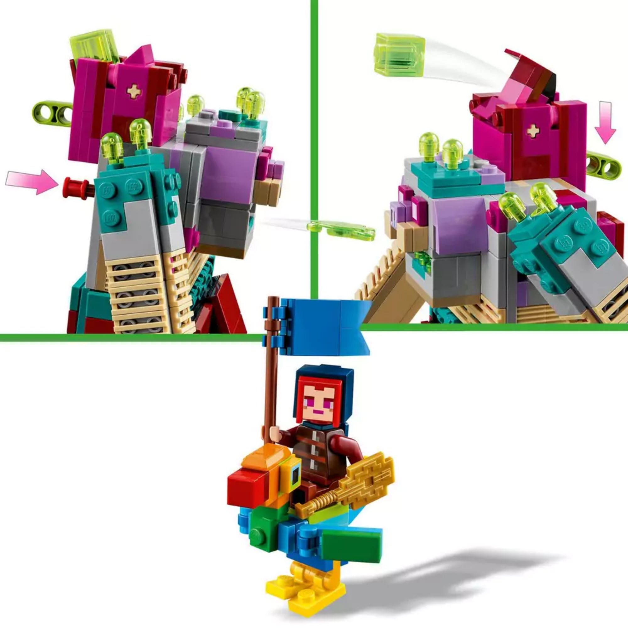 LEGO Minecraft A Zabáló leszámolás (21257) funkció bemutató: Zabáló kilövő mechanizmus mozgatható vállrészekkel, alatta zászlós hős papagáj hátán.
