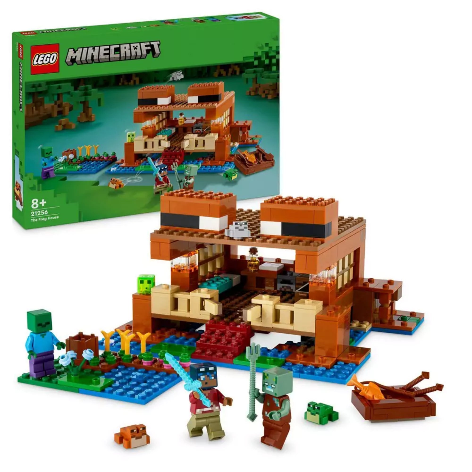 LEGO Minecraft A békaház (21256) doboza és a készlet tartalma együtt, kiállítva a doboz előterében.