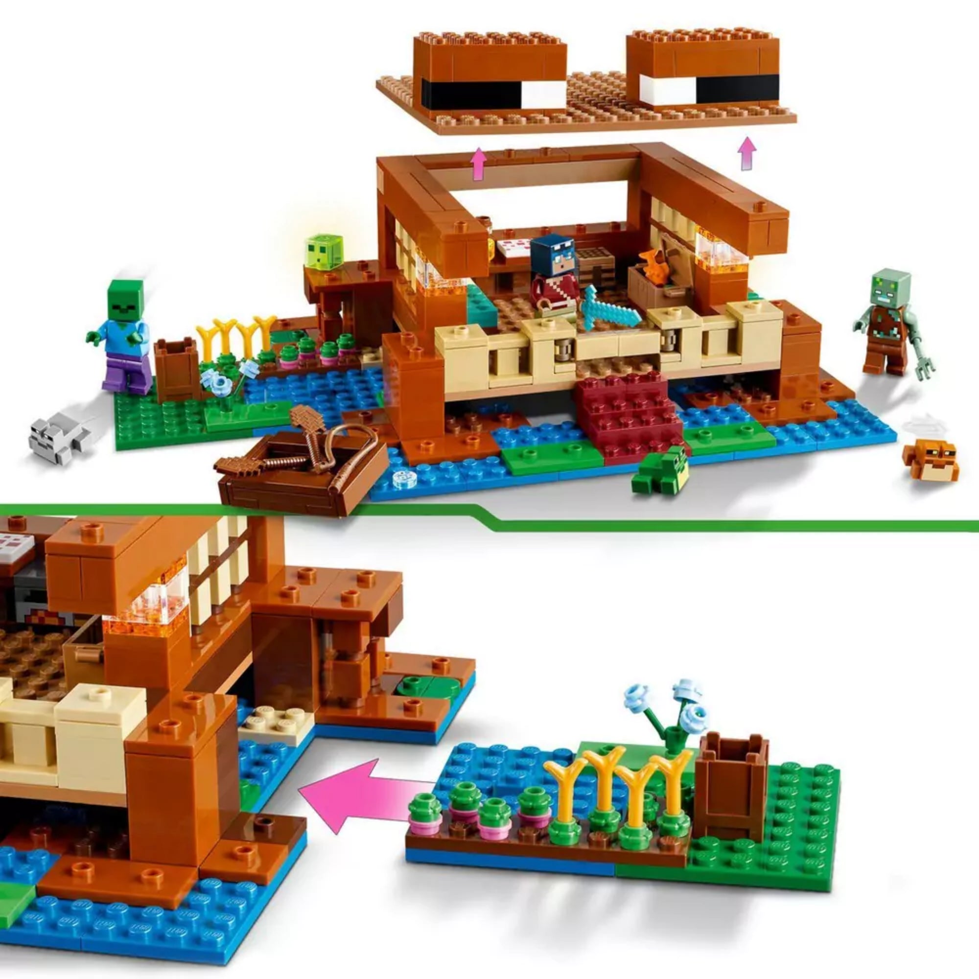 LEGO Minecraft A békaház (21256) készlet, a moduláris épületelemek és a levehető tető bemutatásával.