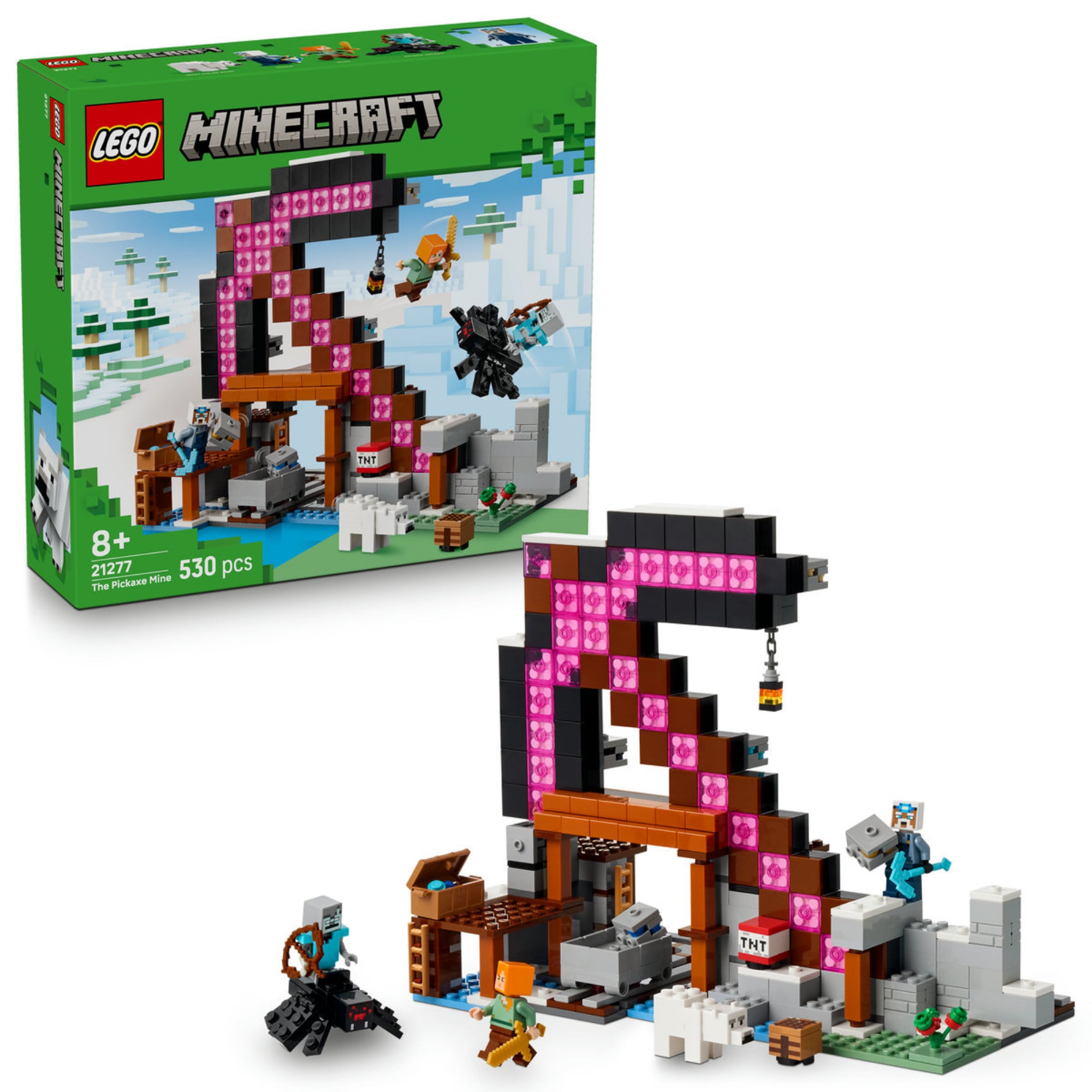 LEGO Minecraft A csákánybánya (21277) doboz és az összerakott építmény egy képen, előtérben Alex, a bányász, pókzsoké, kincsesláda és a robbanásra kész TNT csille is szerepel.