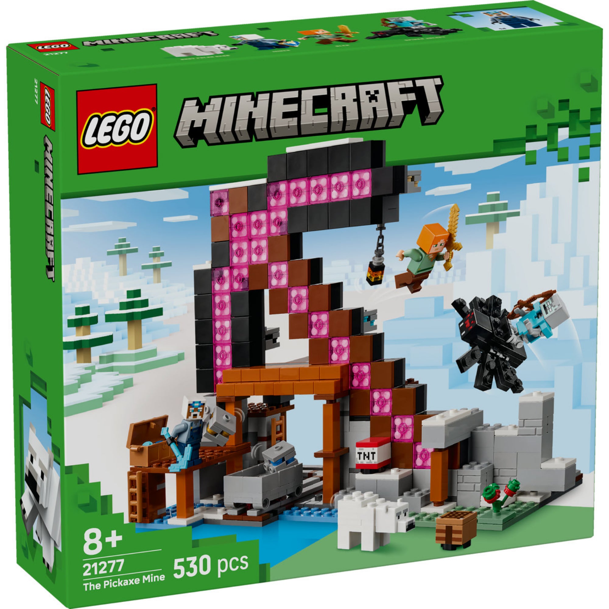 LEGO Minecraft A csákánybánya (21277) szett doboza elölről, hatalmas rózsaszín csákány alakú bányaépítménnyel, a jelenetben Alex, egy bányász, pókzsoké, vagon és TNT is szerepel, havas háttérrel. szett doboza elölről, hatalmas rózsaszín csákány alakú bányaépítménnyel, a jelenetben Alex, egy bányász, pókzsoké, vagon és TNT is szerepel, havas háttérrel.
