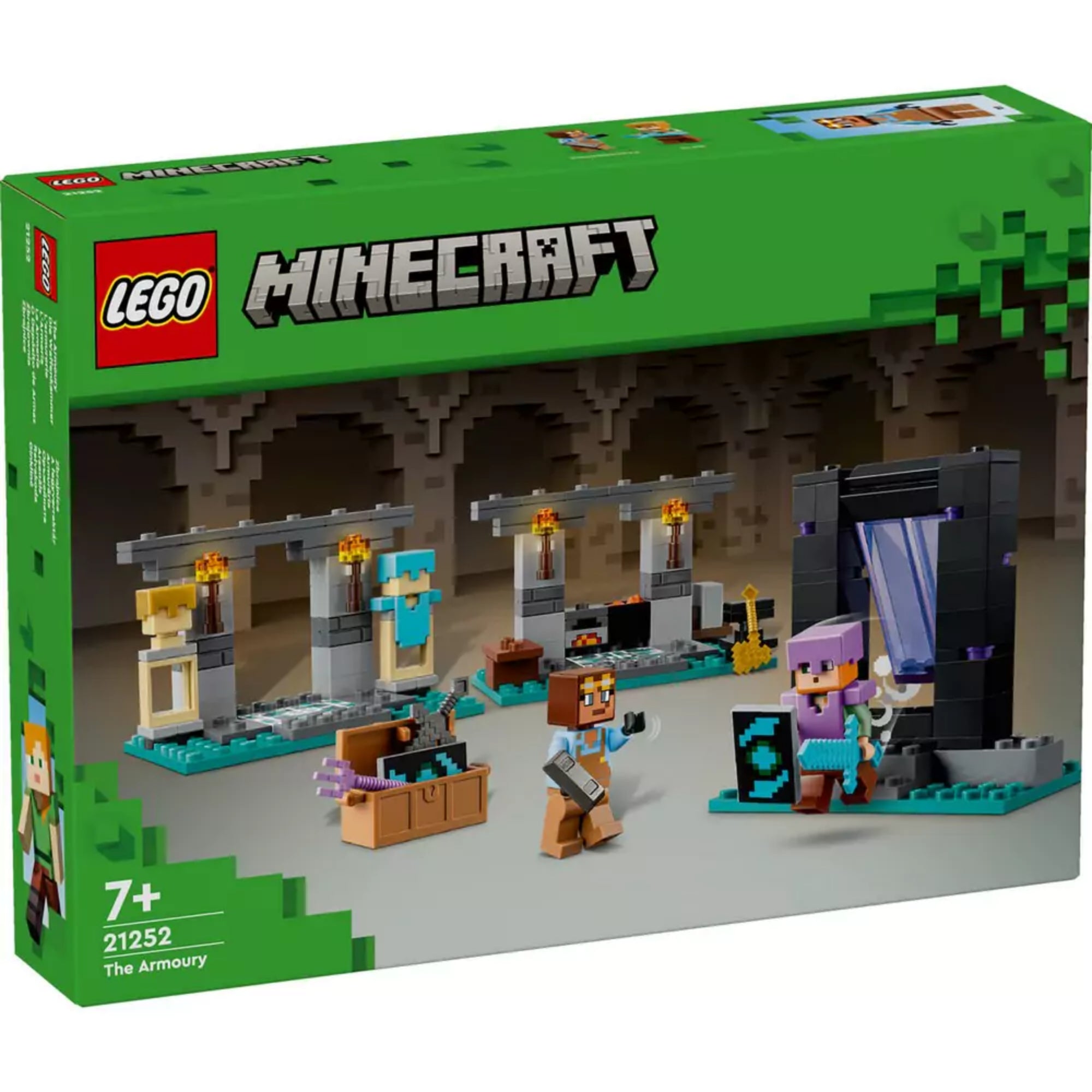 A LEGO Minecraft A fegyverraktár (21252) szett doboza elölnézetből, a dobozon Steve és Alex figurái, a portál és a fegyverekkel, páncélokkal berendezett jelenet látható.