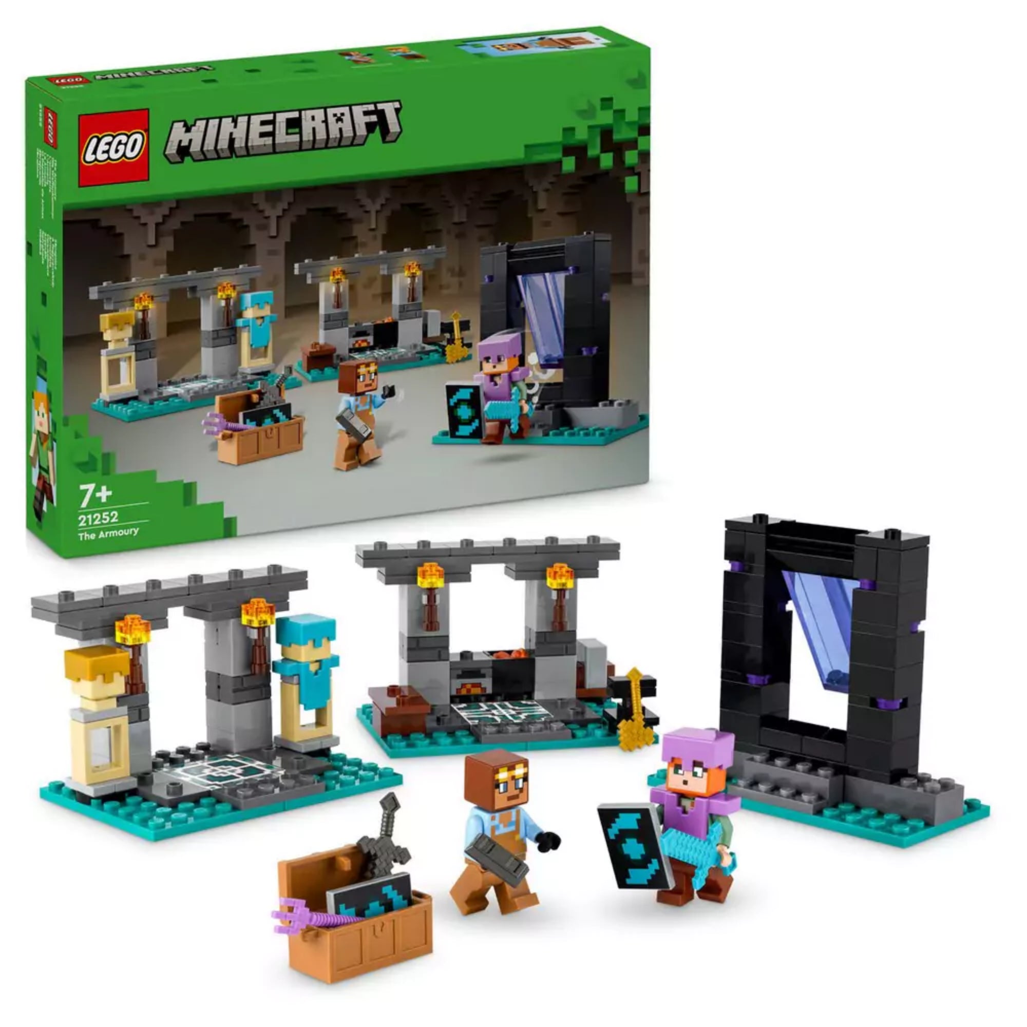 A LEGO Minecraft A fegyverraktár (21252) készlet doboza és a teljes összeépített játéktér látható, két minifigurával, portállal, fegyverládával és páncélállványokkal.