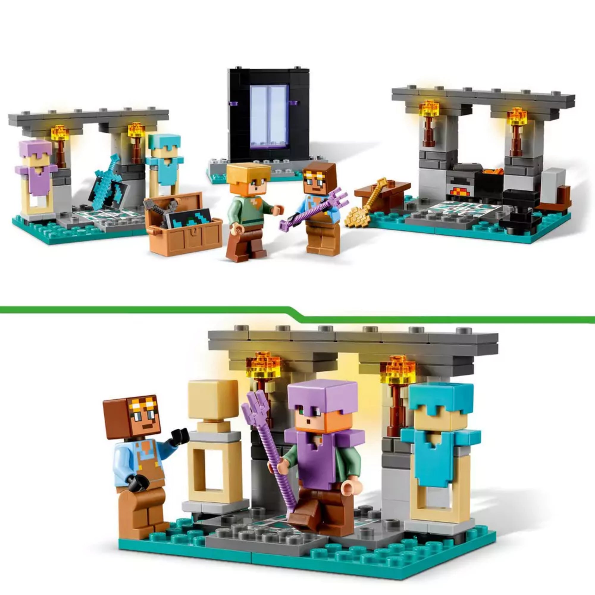 Két különálló jelenet a LEGO Minecraft A fegyverraktár (21252) készletből: fegyverraktár fáklyákkal, páncélállványokkal és szereplőkkel, valamint a portál különálló eleme.