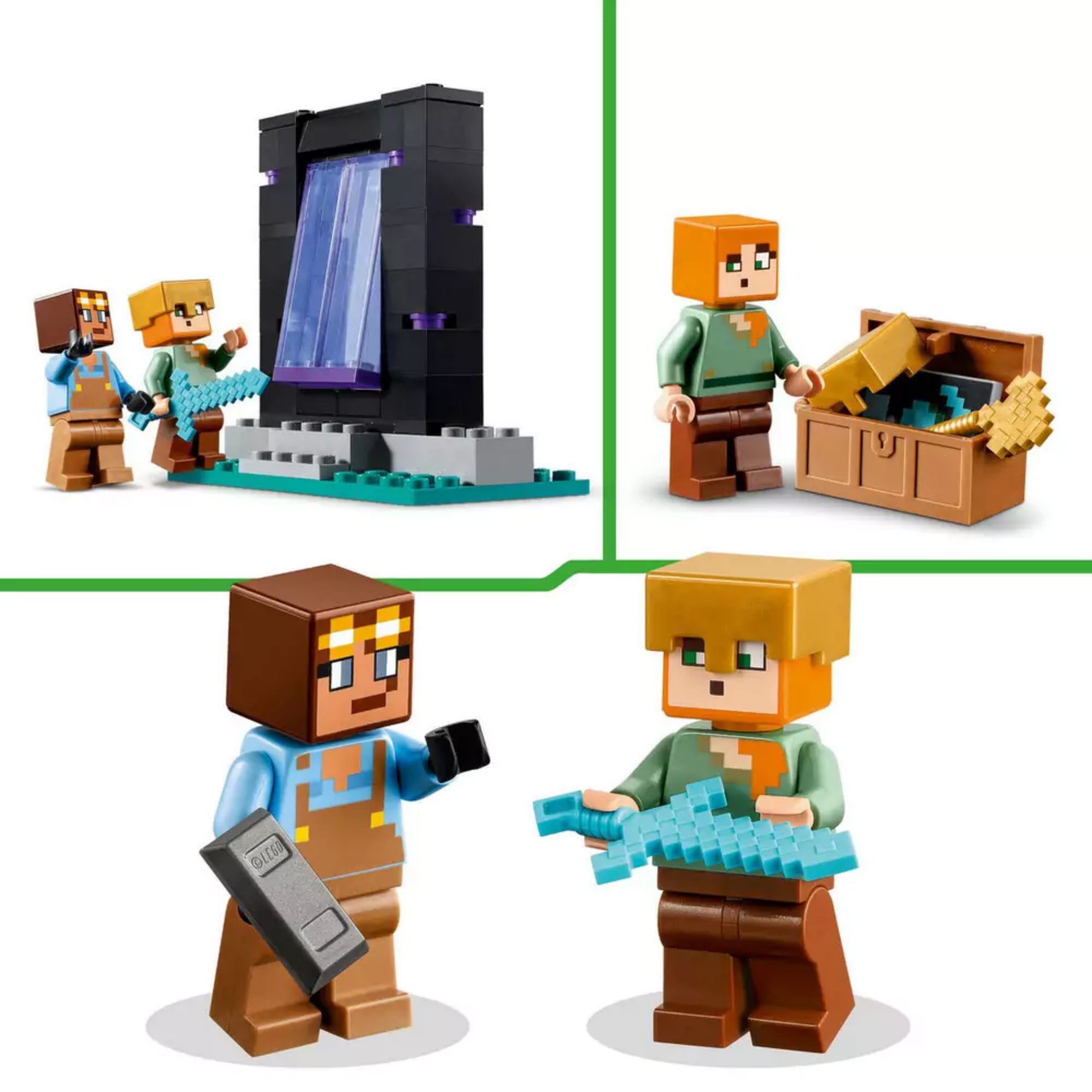 Közelkép a LEGO Minecraft A fegyverraktár (21252) szett karaktereiről és kiegészítőiről: Alex és Steve minifigurák, kardokkal és páncélokkal felszerelve, ládával és portállal.