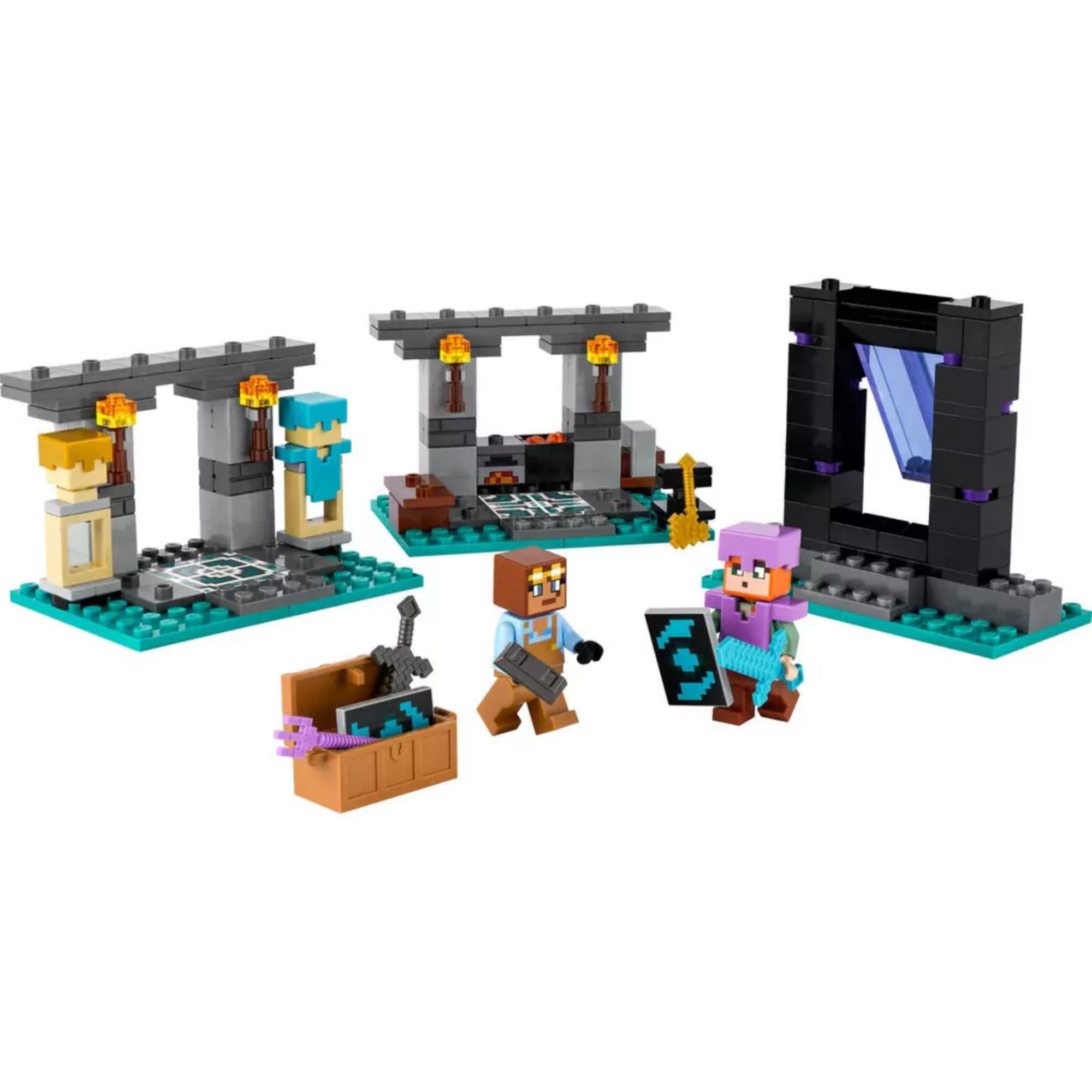 A LEGO Minecraft A fegyverraktár (21252) teljes összeépített készlete: Alex és Steve fegyverekkel, két részletgazdag páncélos raktárszoba és egy sötét portál lila elemekkel.