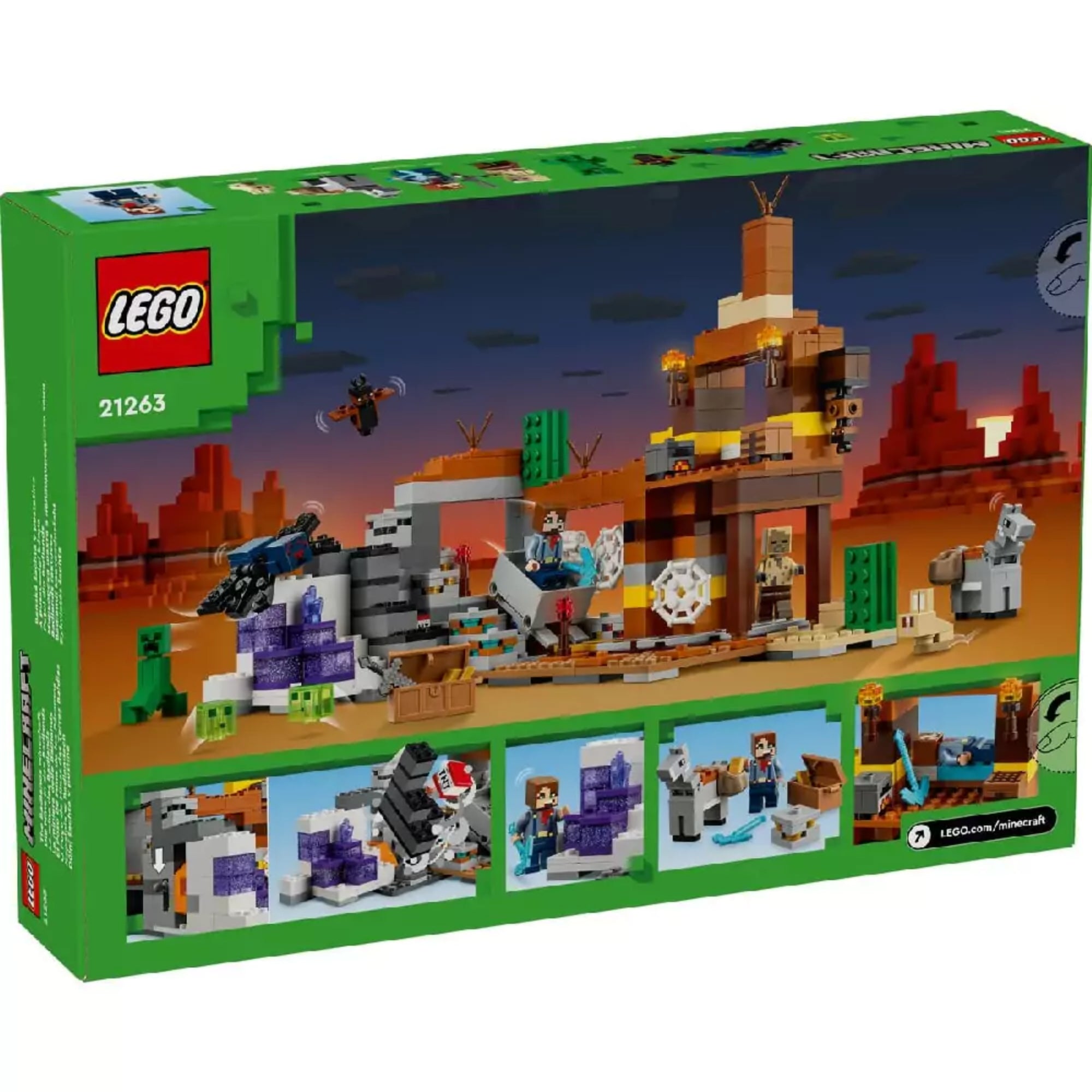 A LEGO Minecraft A pusztasági bánya (21263) doboz hátoldala, amely különböző játéklehetőségeket, funkciókat és közelebbi részleteket szemléltet, például robbanási funkciót és kincsesládát.
