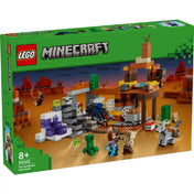 A LEGO Minecraft A pusztasági bánya (21263) színes doboza elölről, amely a készlet látványos elemeit, karaktereit és sivatagi hátterét mutatja be, 8+ korosztály jelzéssel.