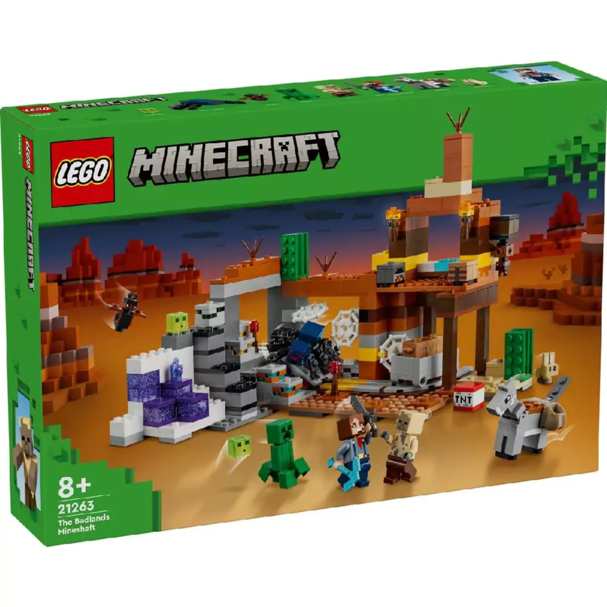 A LEGO Minecraft A pusztasági bánya (21263) színes doboza elölről, amely a készlet látványos elemeit, karaktereit és sivatagi hátterét mutatja be, 8+ korosztály jelzéssel.