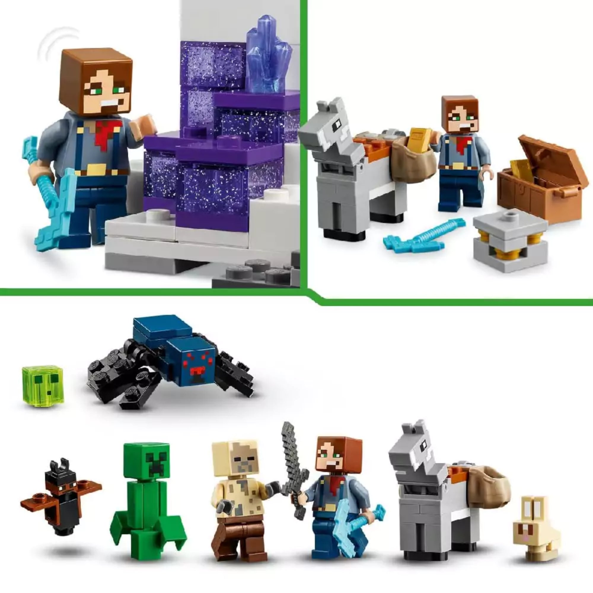 A LEGO Minecraft A pusztasági bánya (21263) készlethez tartozó karakterek közelről: Alex gyémánt csákánnyal, egy Creeper, egy csontváz, egy pók, egy denevér, egy szamár nyereggel és egy aranyos Minecraft nyuszi.