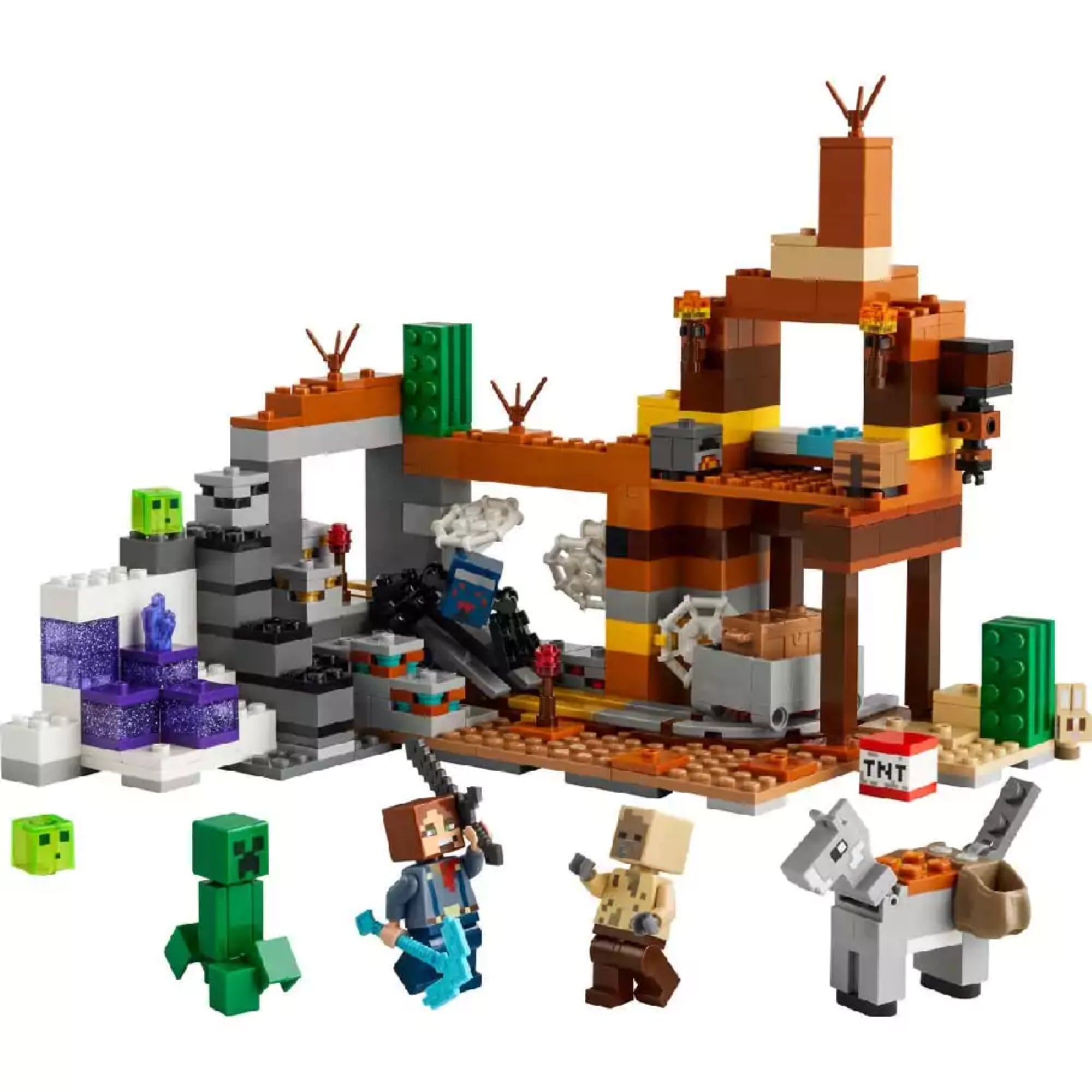A LEGO Minecraft A pusztasági bánya (21263) teljesen felépített készlete, rajta a kétszintes bányászati állomással, kaktuszokkal, TNT blokkal, bányakocsival és különféle karakterekkel, köztük Creeperrel, csontvázzal, pókkal és a főszereplő Alex figurájával.