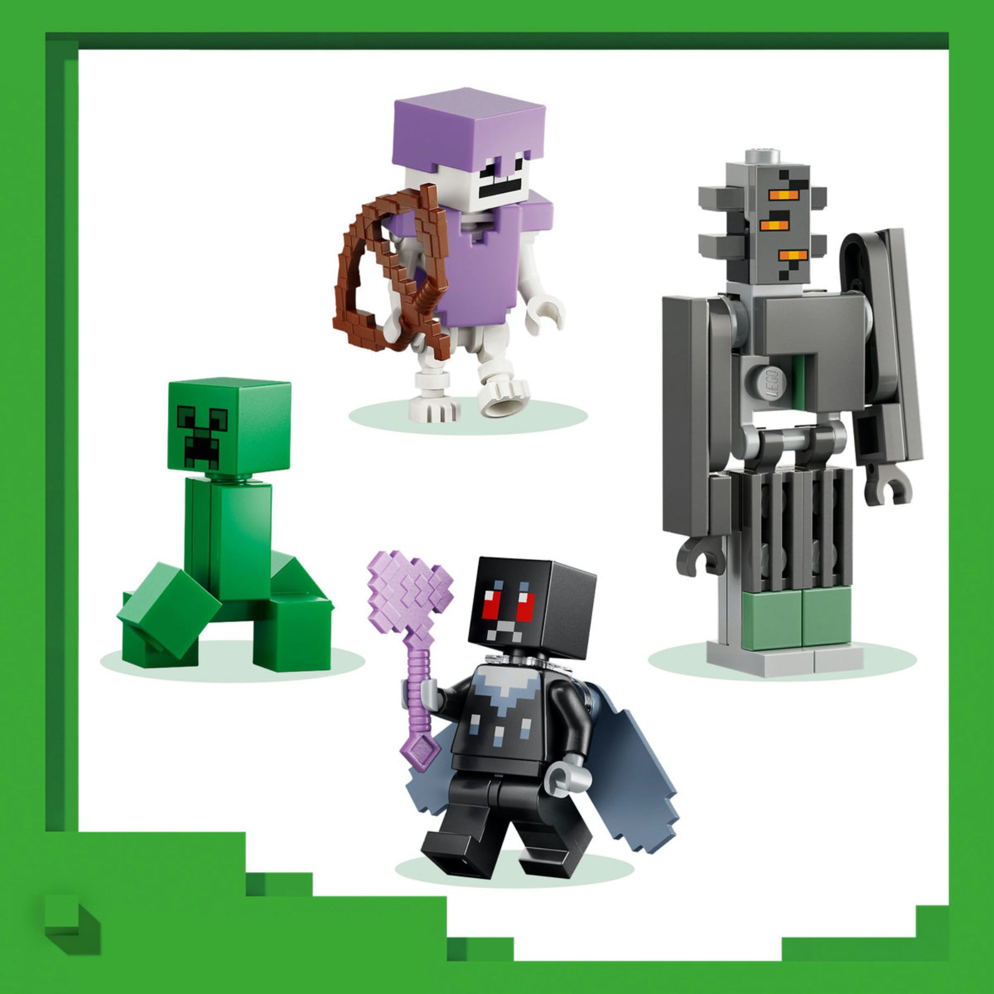 LEGO Minecraft The Pale Garden (21586) – Minecraft figurák közelről, Creeper, páncélos csontváz és mob karakterek.