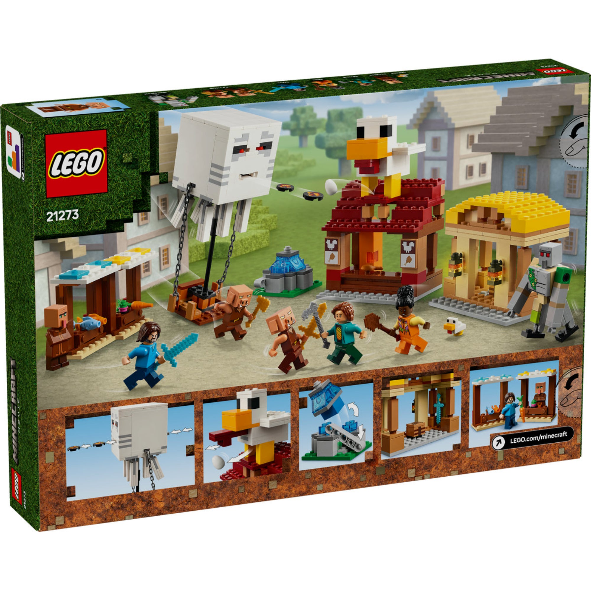 Ez a kép a LEGO Minecraft A szellemléghajó és falutámadás (21273) készlet hátoldalát mutatja be, amely még több részletet és játéklehetőséget tár fel. A jelenetben a hatalmas szellemléghajó lebegve támad a falura, miközben korongokat lő ki. A falusiak, Steve és társai megpróbálják megvédeni a települést, amelyben piaci standok, egy robbanó szökőkút és egy tojást tojó csirkemodell is megtalálható. Az alsó részen további képek mutatják be a készlet izgalmas funkcióit, például a mozgó elemeket és interaktív le
