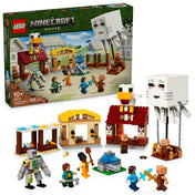 Ez a kép a LEGO Minecraft A szellemléghajó és falutámadás (21273) készlet tartalmát mutatja be. A szett 555 darabból áll, és egy izgalmas Minecraft-jelenetet idéz meg, ahol a falut megtámadja egy hatalmas szellemléghajó. A készletben megtalálhatók a játék ikonikus karakterei, köztük Steve, Natalie, Dawn, egy vasgólem, falusiak és fosztogatók. A falu piaci standokat, egy robbanó szökőkutat, egy csirkemodellt tojást tojó funkcióval, valamint egy korongvetővel felszerelt szellemléghajót tartalmaz.