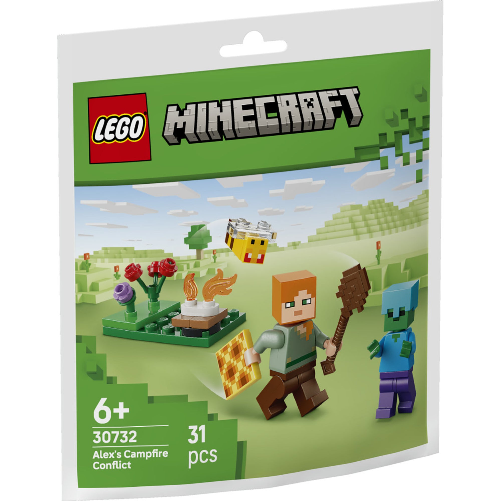 LEGO Minecraft Alex's Campfire Conflict 30732 polybag csomagolás Alex, zombi és tábortűz Minecraft jelenetével.