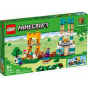 A LEGO Minecraft Crafting láda 4.0 készlet doboza elölnézetből, rajta a színes Minecraft témájú építmények, szereplők és az „8+”, „21249” és „605 pcs/pzs” feliratok. A jobb alsó sarokban egy alternatív építési lehetőség is látható.