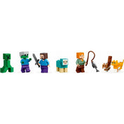 A LEGO Minecraft Crafting láda 4.0 készletben található összes figura külön felsorakoztatva: Creeper, sisakos zombi, Steve karddal, ciánkék bárány, Alex horgászbottal, valamint két különböző színű macska.
