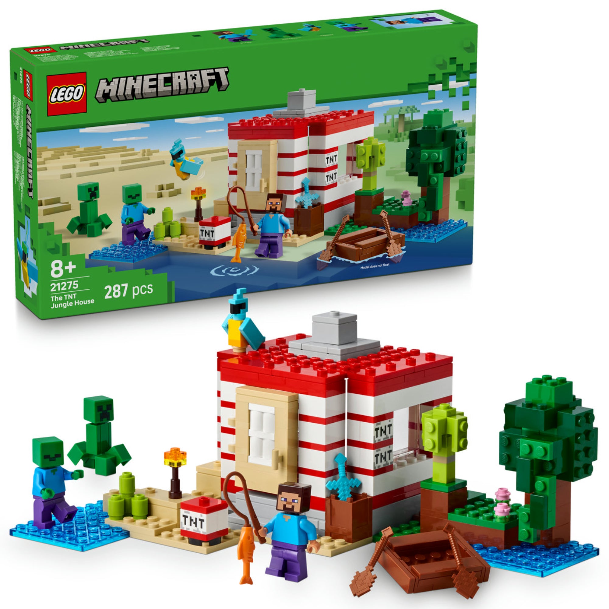 A LEGO Minecraft 21275 készlet doboza és az elkészült dzsungelház modell, piros-fehér csíkos falakkal, zombikkal, hajóval és papagájjal.