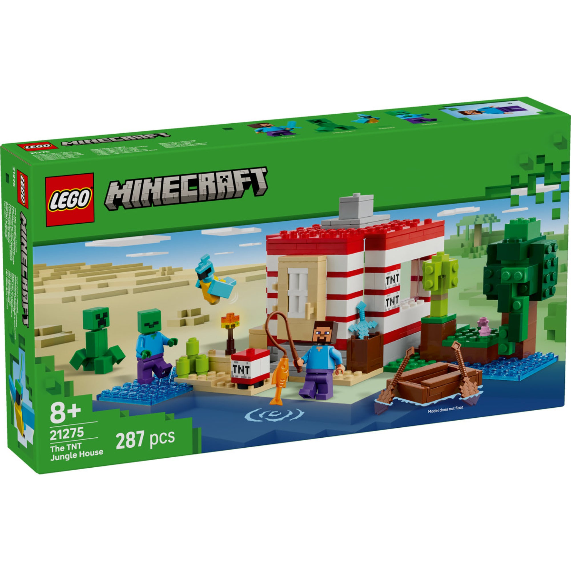 A doboz előnézete színes grafikával, TNT feliratú házzal, karakterekkel és Minecraft stílusú vízi jelenettel.