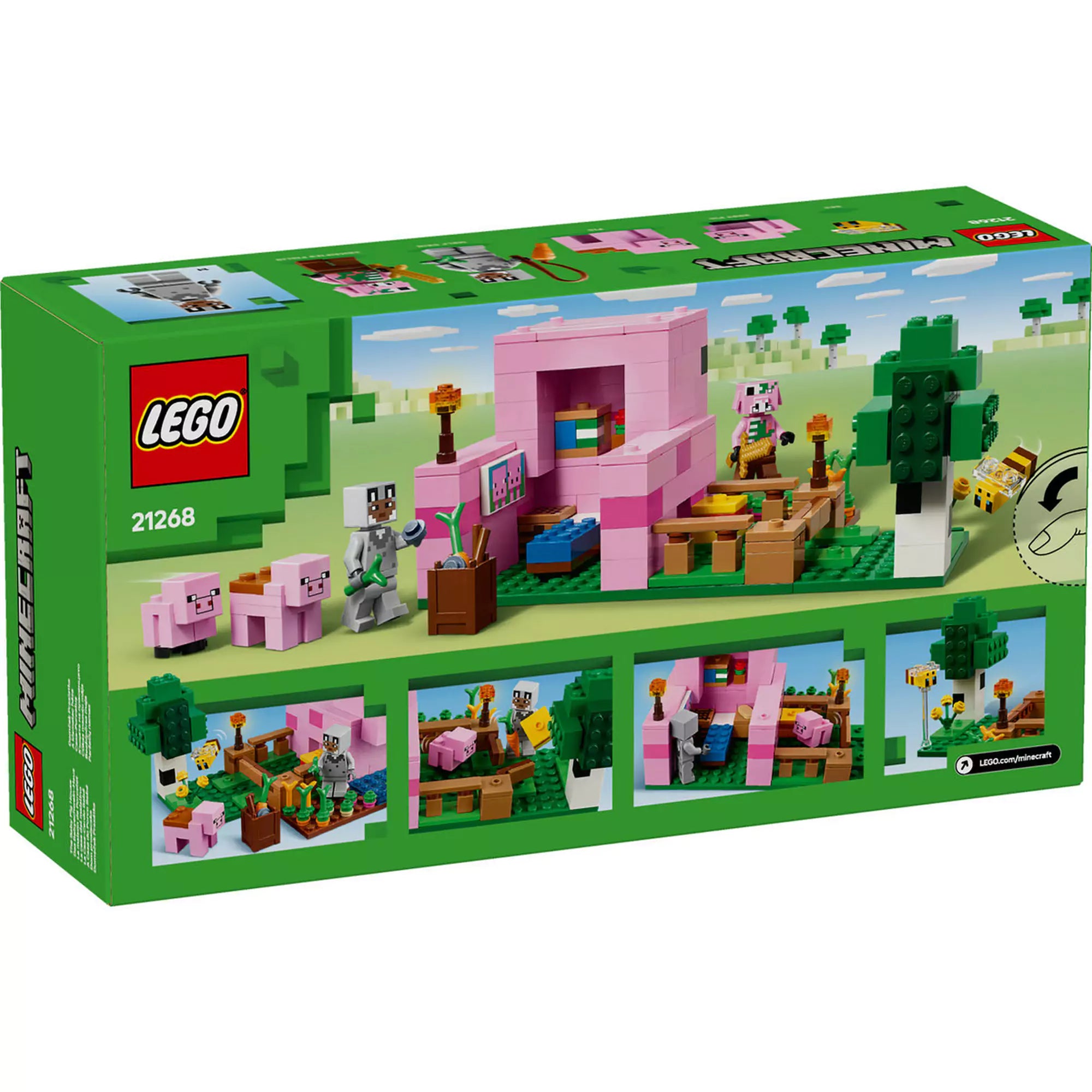 A LEGO Minecraft „Malacházikó” készlet (21268) dobozának hátoldala, amelyen a malac alakú ház látható részletes jelenetekkel, Minecraft karakterekkel és állatokkal, köztük egy kismalaccal, egy creeperrel és egy kerttel.