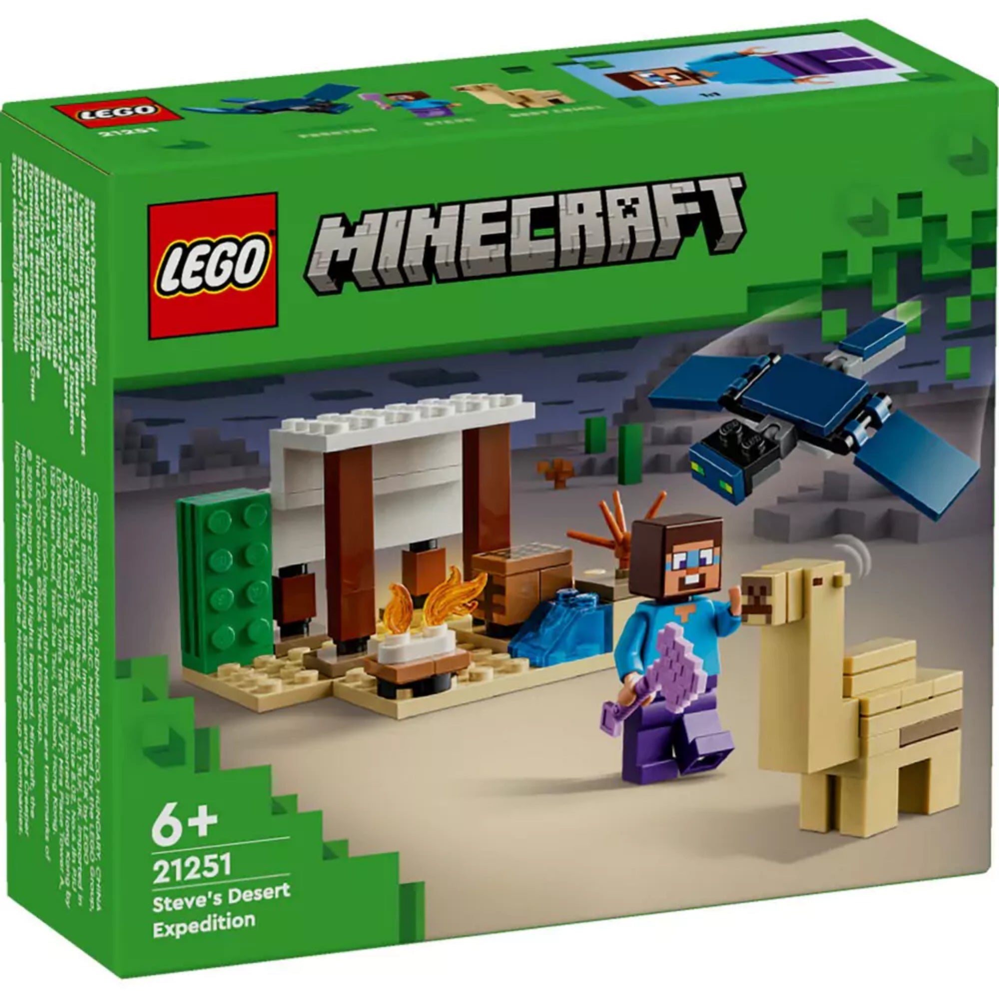 A LEGO Minecraft Steve sivatagi expedíciója (21251) készlet zöld doboza, amely a figurákat és a táborhelyet ábrázolja sivatagi háttérrel.