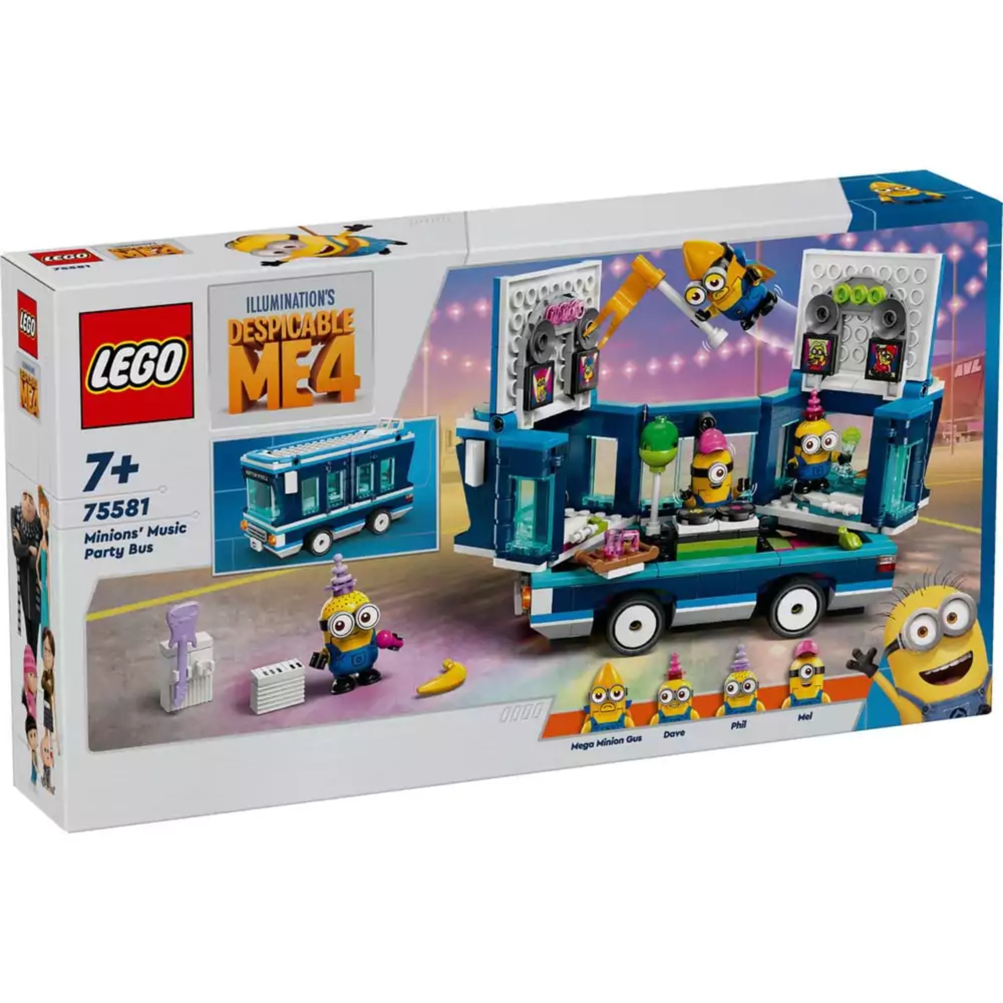 A LEGO Minions: Minyonok zenés partibusza (75581) színes doboza, rajta a kinyitható busz látványos grafikai ábrázolásával, a négy minyon karakterrel és a Despicable Me 4 logóval.