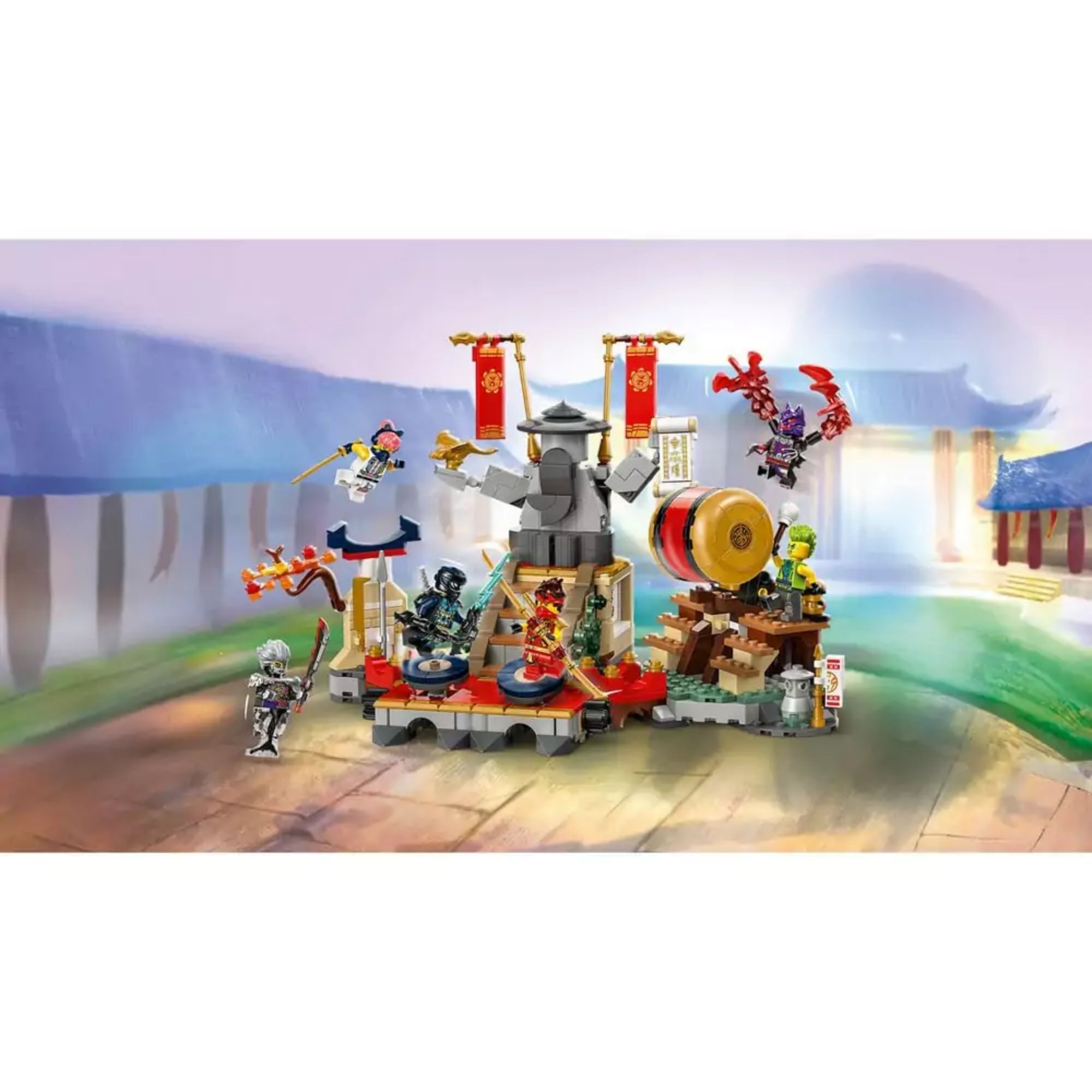 LEGO NINJAGO A bajnokok küzdőtere (71818) készlet illusztrációja hátterezett arénában, akcióban mozgó minifigurákkal és díszletekkel