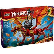 A LEGO NINJAGO A mozgás eredendő sárkánya (71822) dobozának elölnézete, látványos illusztrációval, minifigurákkal és a 12+ korosztályi ajánlással.