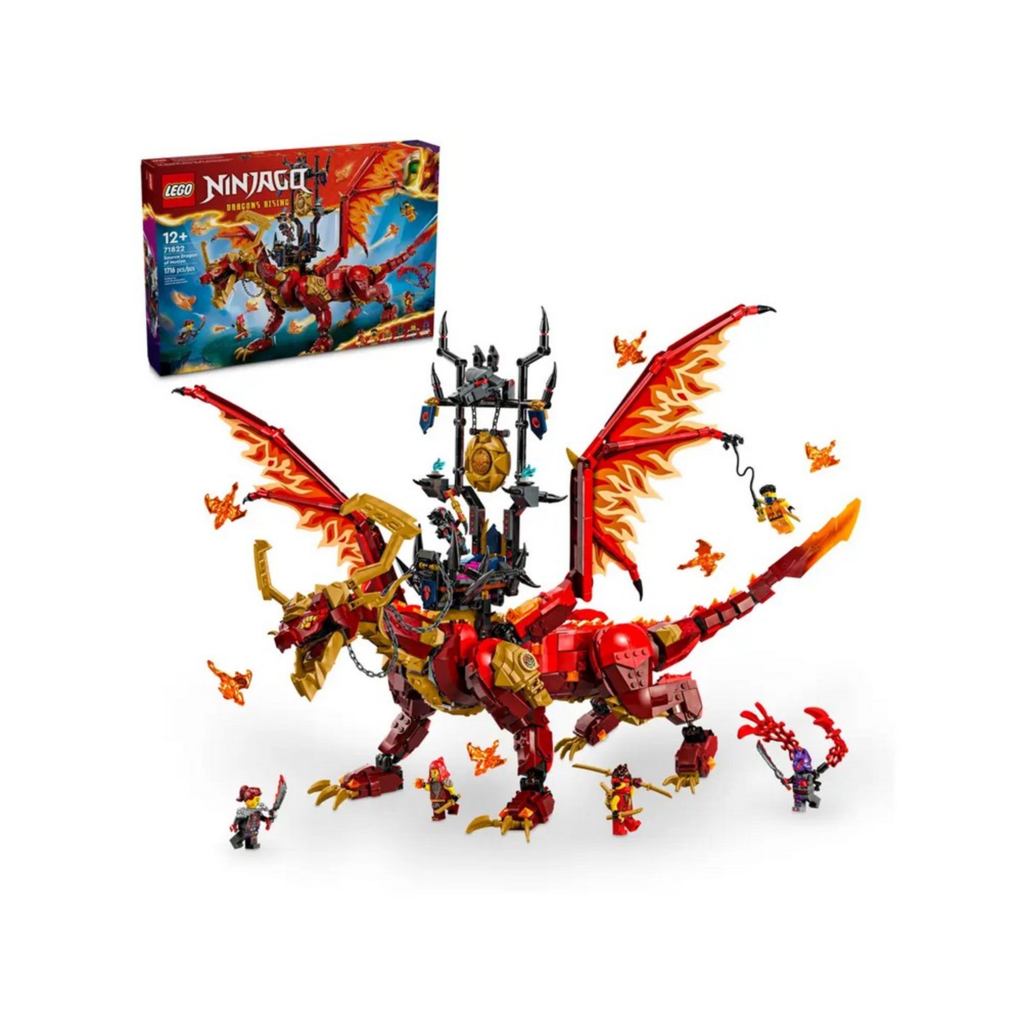 A LEGO NINJAGO 71822 készlet doboza és a teljes sárkány összeállítás, hat minifigurával és tüzes szárnyú mini sárkányokkal körülvéve.