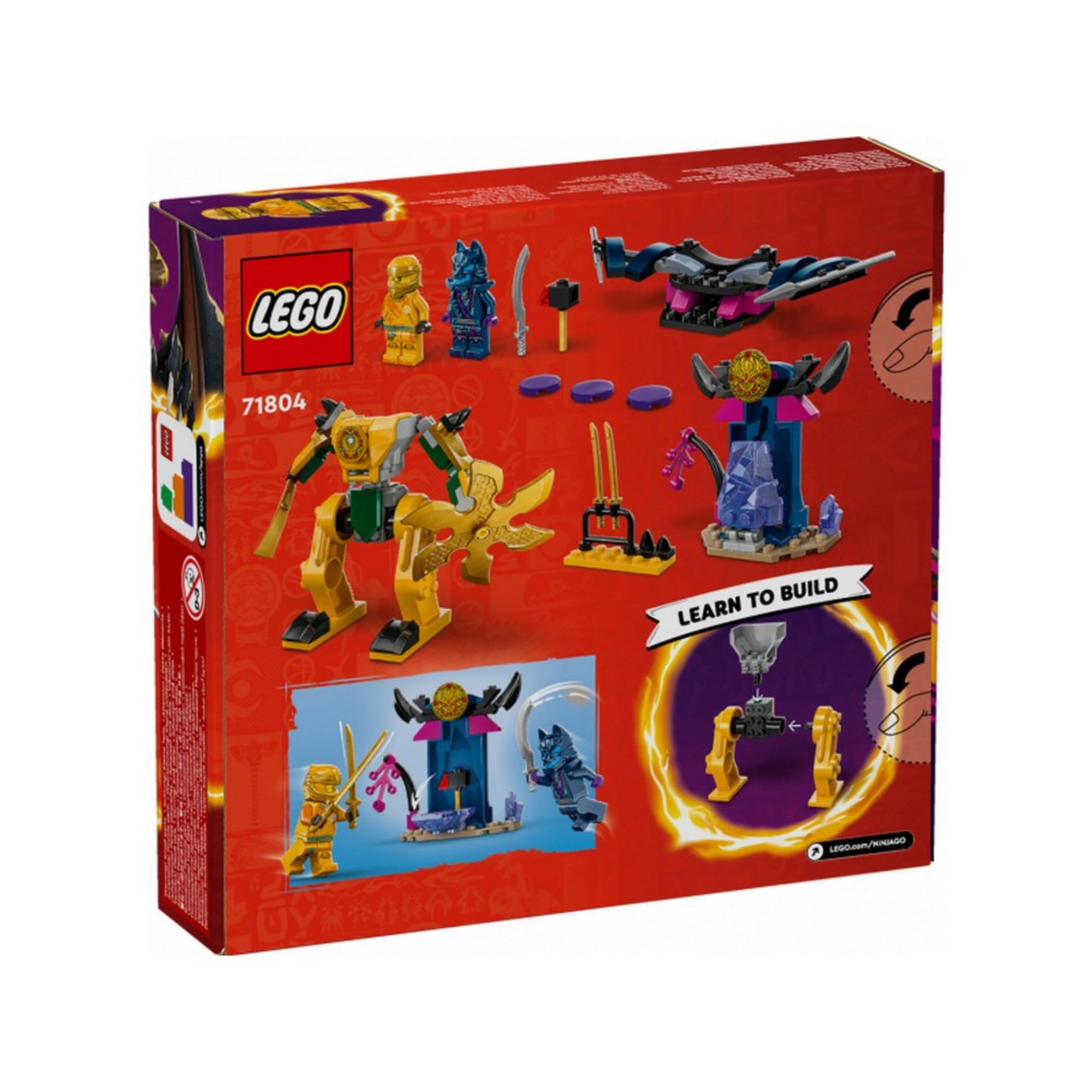 A LEGO NINJAGO Arin csatagépe (71804) dobozának hátoldala, rajta a készlet összes eleme és részletes jelenet a harci robot és a gonosz karakter küzdelméről.