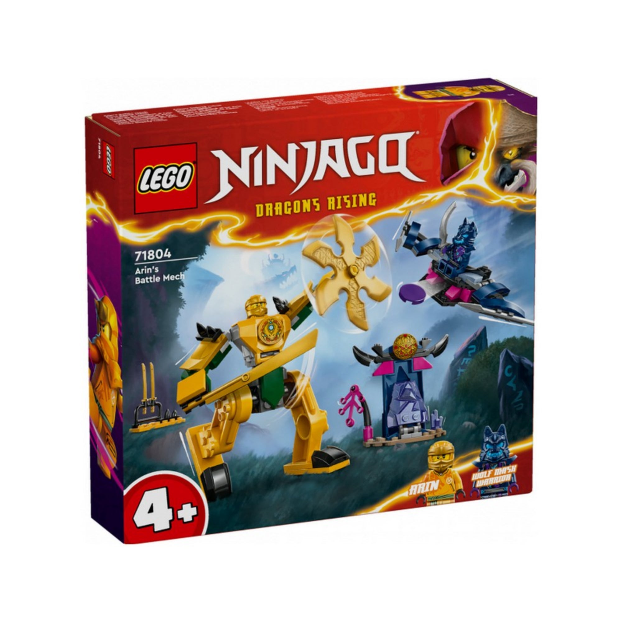 Dobozkép a LEGO NINJAGO Arin csatagépe (71804) készletről, elölről fotózva; látható rajta a sárga harci robot, Arin minifigurája, egy gonosztevő és egy lila-fekete repülő szerkezet.