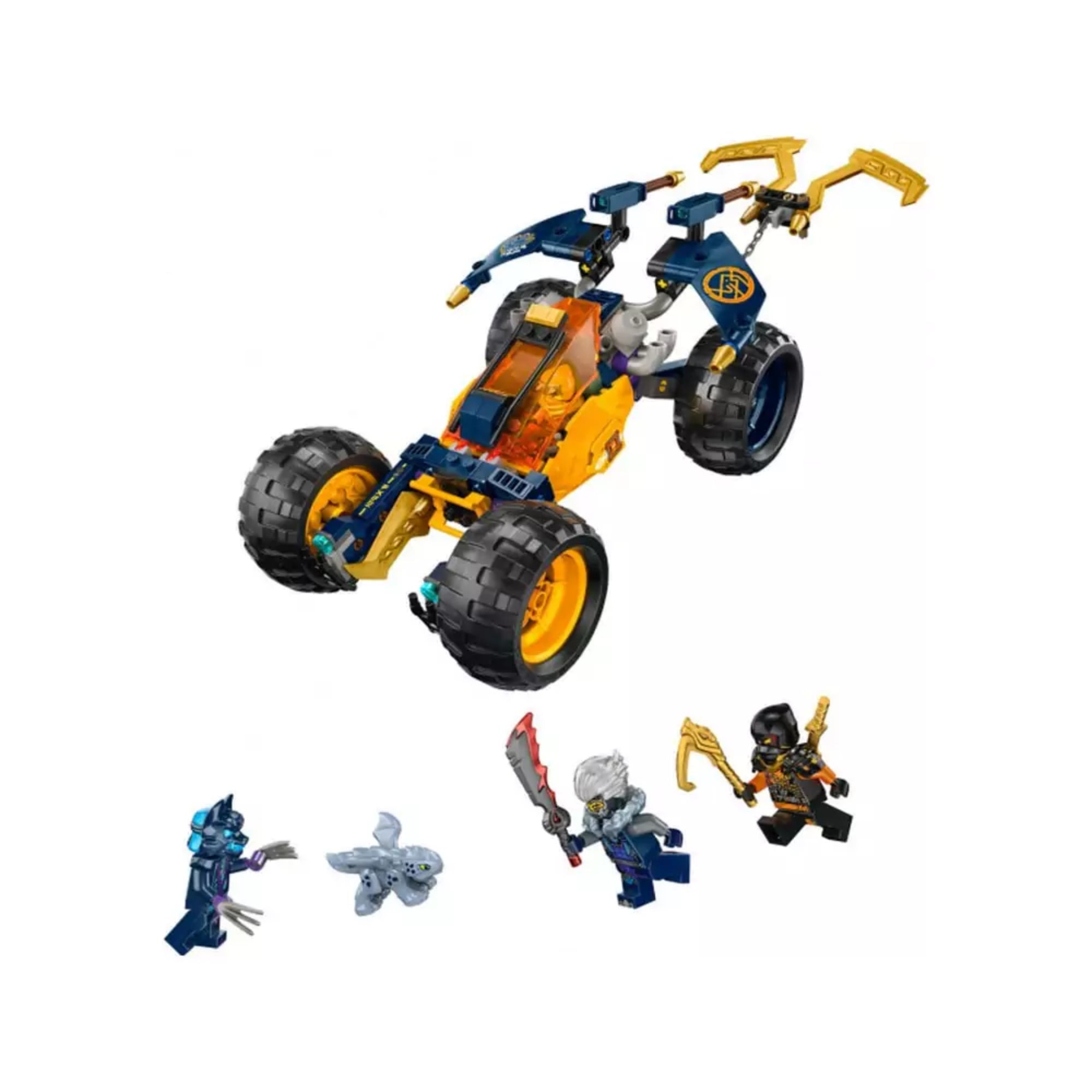 A LEGO NINJAGO Arin nindzsa homokfutója (71811) szett doboza, élénk sárga és kék buggy járművel, öt minifigurával és kalandos háttérrel illusztrálva, a Dragons Rising sorozatból.