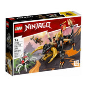Részletes nézet a LEGO NINJAGO Cole EVO földsárkánya (71782) dobozának elejéről, amelyen a sárkány figura, Cole nindzsa minifigura és csatában lévő pókszerű szörny látható vulkanikus háttérrel.