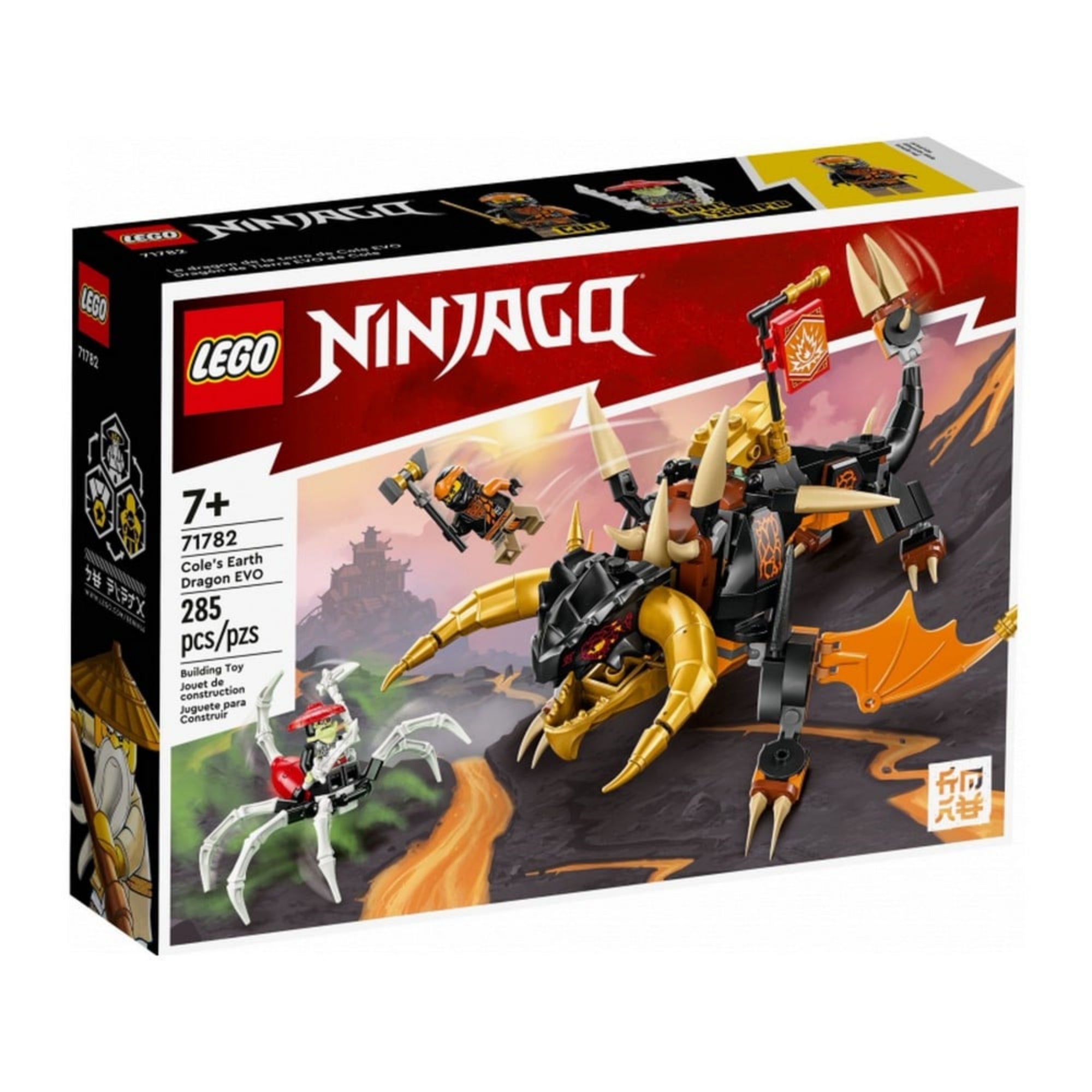 Részletes nézet a LEGO NINJAGO Cole EVO földsárkánya (71782) dobozának elejéről, amelyen a sárkány figura, Cole nindzsa minifigura és csatában lévő pókszerű szörny látható vulkanikus háttérrel.