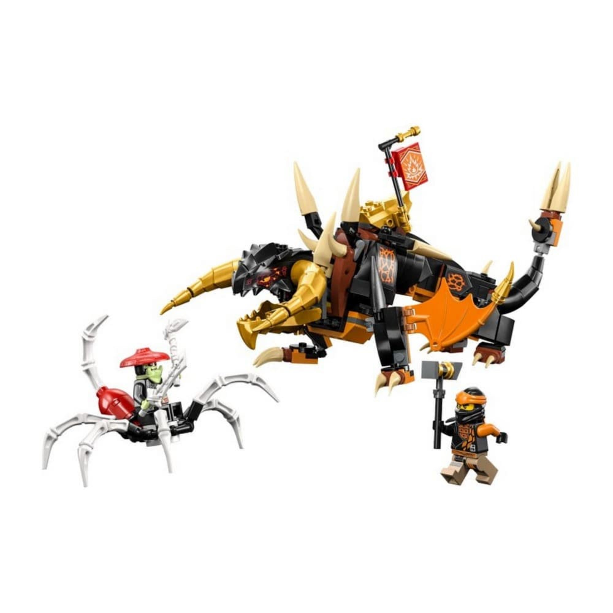 A teljes LEGO NINJAGO Cole EVO földsárkánya készlet összerakva, benne a sárkánnyal, a csontszörny póklábbal, Cole minifigurával és harci kiegészítőkkel.