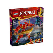 A készlet színes doboza, amelyen a LEGO NINJAGO Dragons Rising sorozat logója és Kai tűzrobotja látható akció közben, valamint az összes mellékelt minifigura alul feltüntetve.