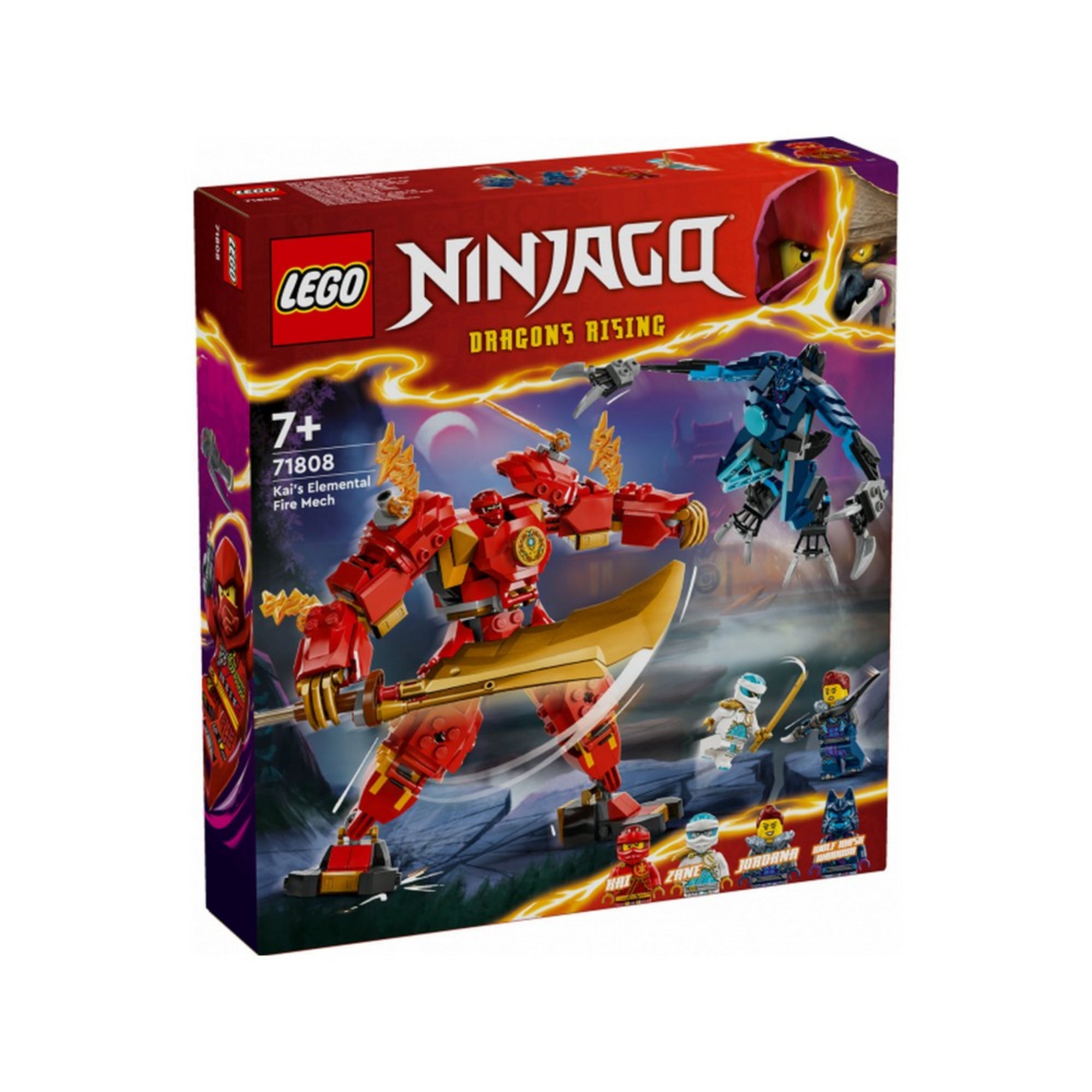A készlet színes doboza, amelyen a LEGO NINJAGO Dragons Rising sorozat logója és Kai tűzrobotja látható akció közben, valamint az összes mellékelt minifigura alul feltüntetve.