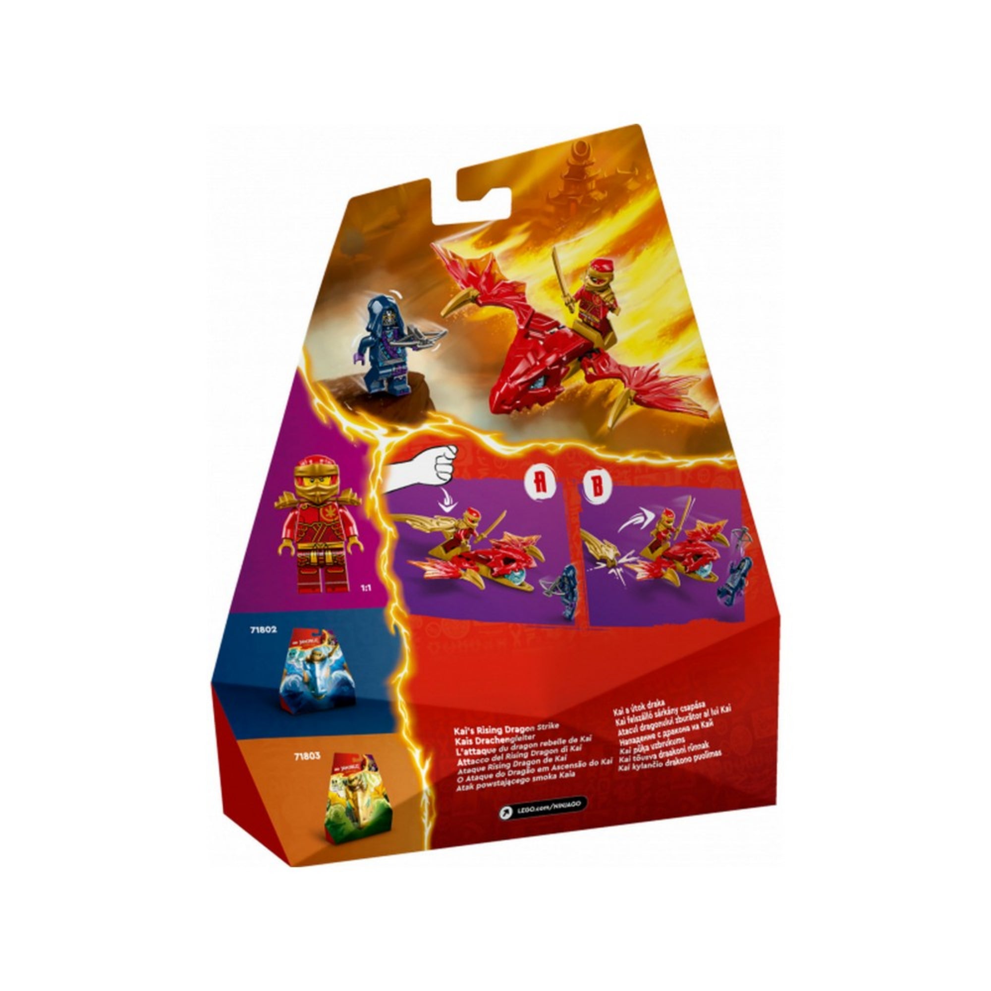 A LEGO NINJAGO Kai felszálló sárkány csapása (71801) doboz hátoldala, amely bemutatja a szett mozgó funkcióit, a két minifigurát és az „A” és „B” játékmódokat, illetve a készlet kombinálhatóságát más hasonló termékekkel.
