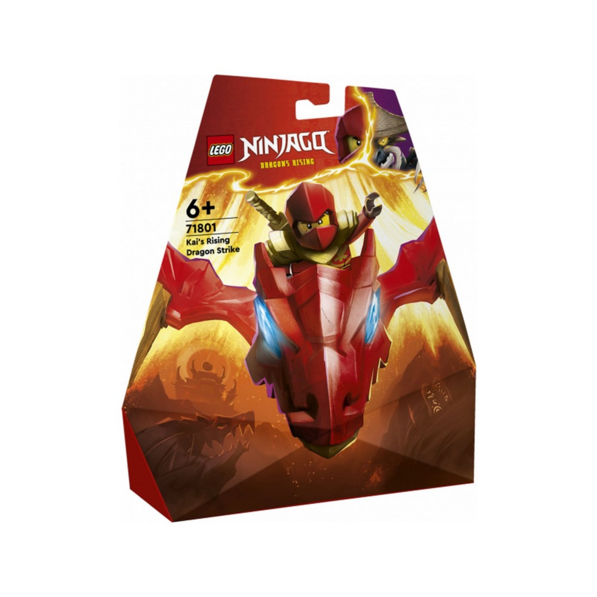 A LEGO NINJAGO 71801-es készlet elülső dobozképe, amelyen Kai vörös sárkányt irányít, arany sárkányfejjel, a háttérben lángoló tájjal és villámló hatásokkal.