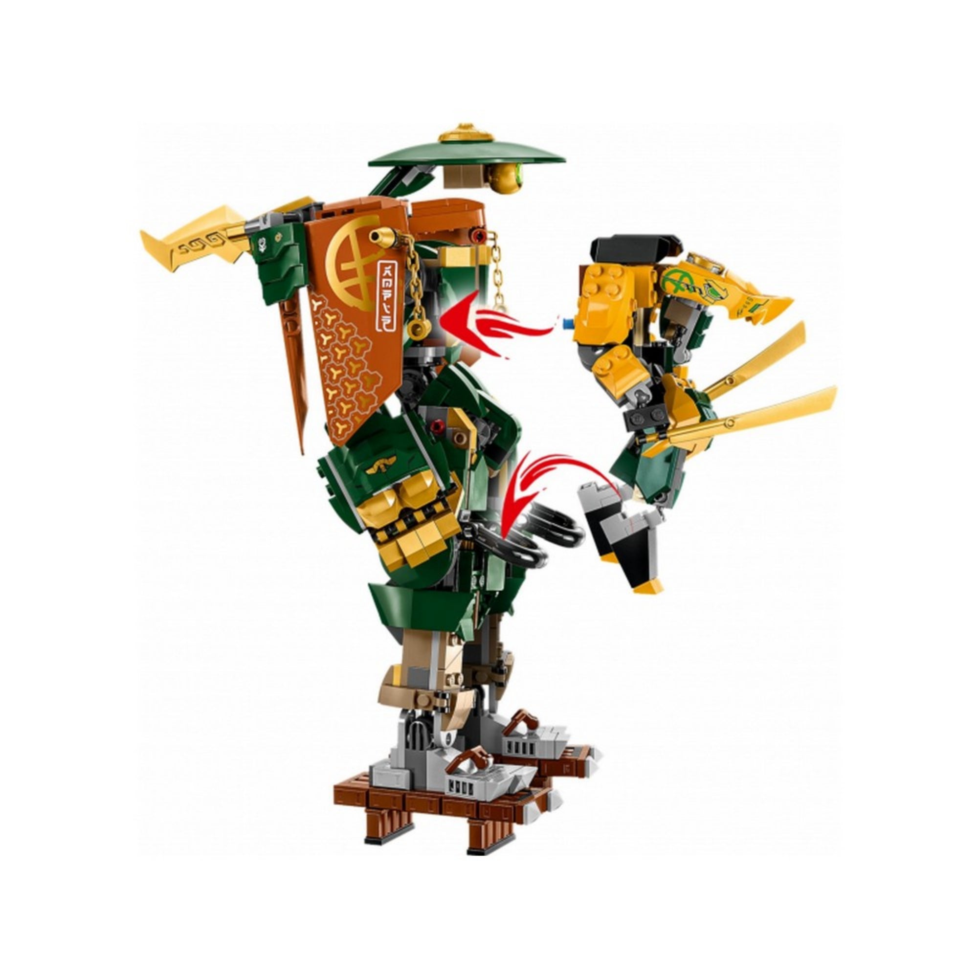 LEGO NINJAGO Lloyd és Arin nindzsacsapatának robotjai (71794) – a zöld és sárga színű nagy Lloyd robotból épp leválik a kisebb Arin robot, piros nyilakkal jelölve az átalakítás folyamatát.