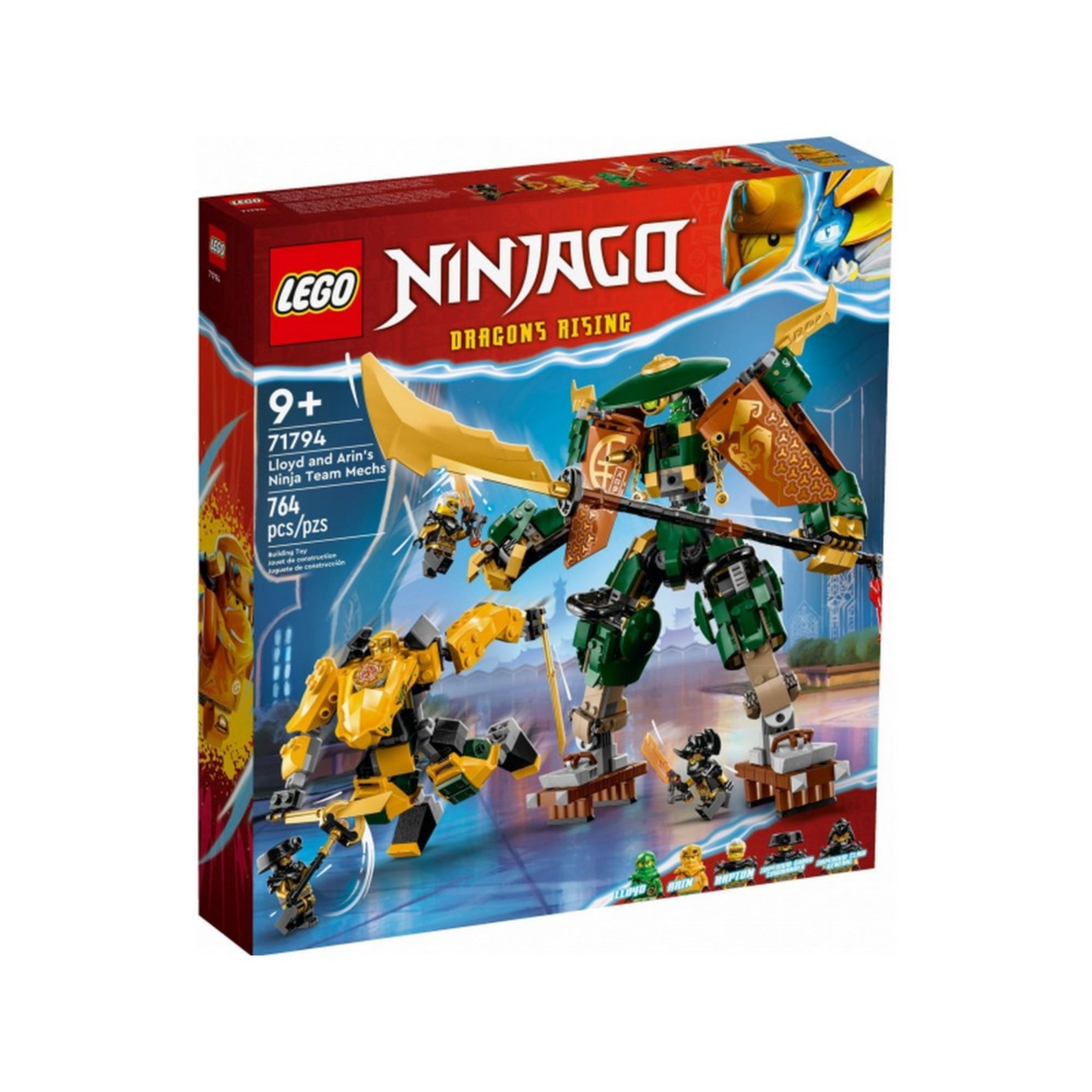 LEGO NINJAGO 71794 szett doboza – Lloyd és Arin robotjai a borítón akció közben, 764 darabos készlet, 9 éves kortól ajánlott.