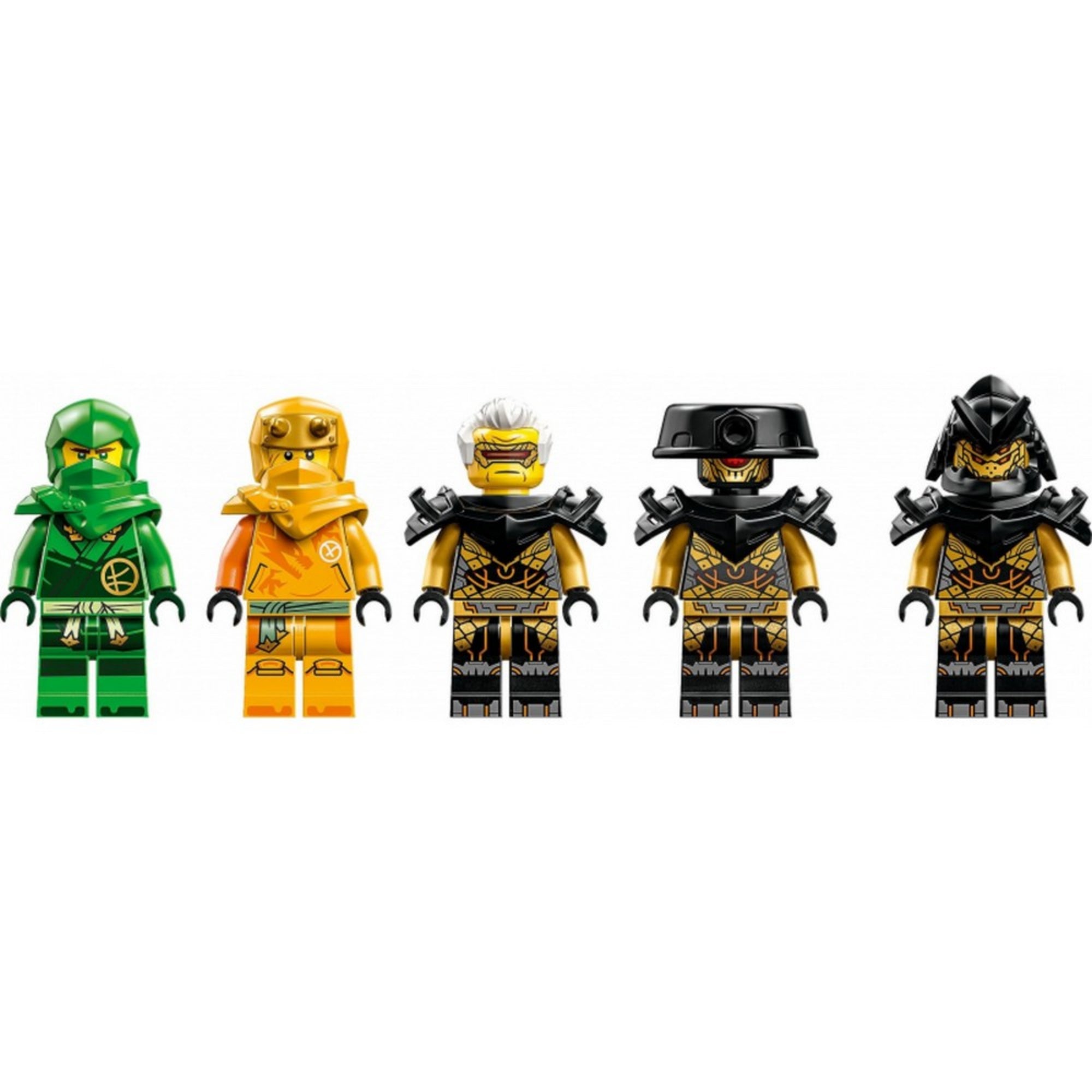 A LEGO NINJAGO 71794 szett öt minifigurája: Lloyd zöld nindzsa, Arin narancssárga nindzsa, valamint három arany-fekete Imperium gonosztevő, köztük Rapton is.