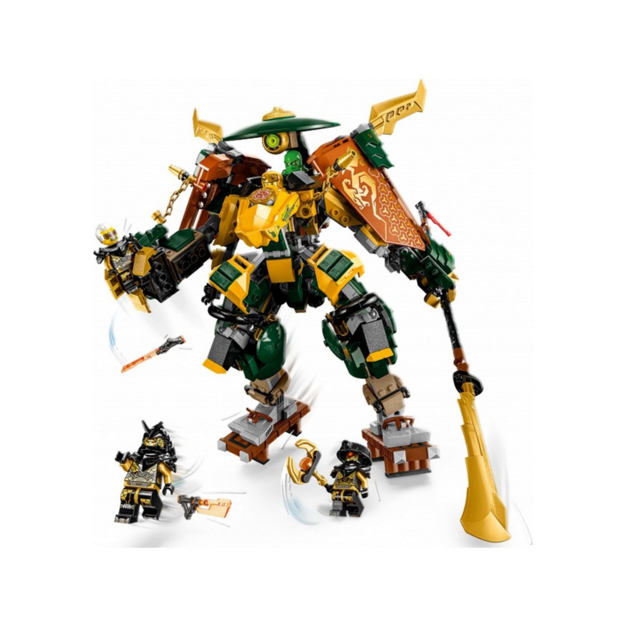 LEGO NINJAGO Lloyd és Arin robotjai (71794) – dinamikus harci jelenet, a robotok támadás közben, a figurák fegyverekkel és lendületes pózokban láthatók.