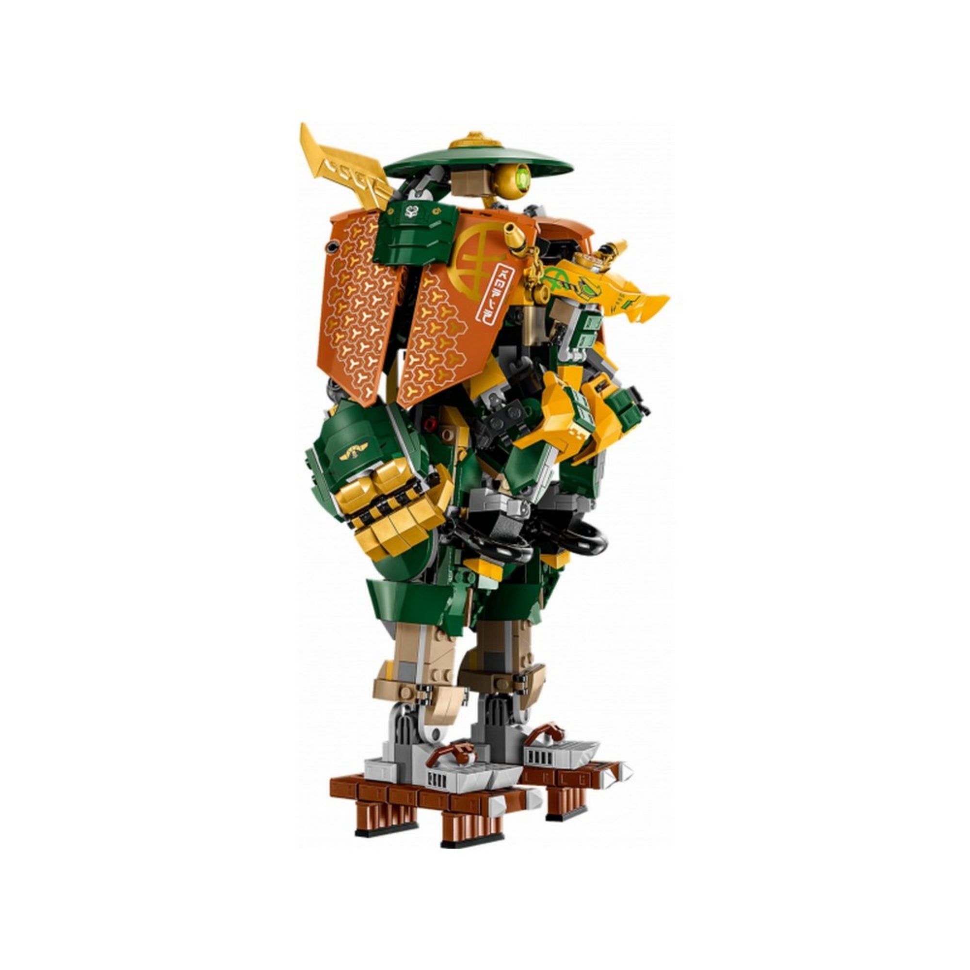 LEGO NINJAGO 71794 – Lloyd és Arin robotjai oldalnézetből, a nagy zöld robot összeépített állapotban látható, arany díszítéssel és széles páncéllemezekkel.