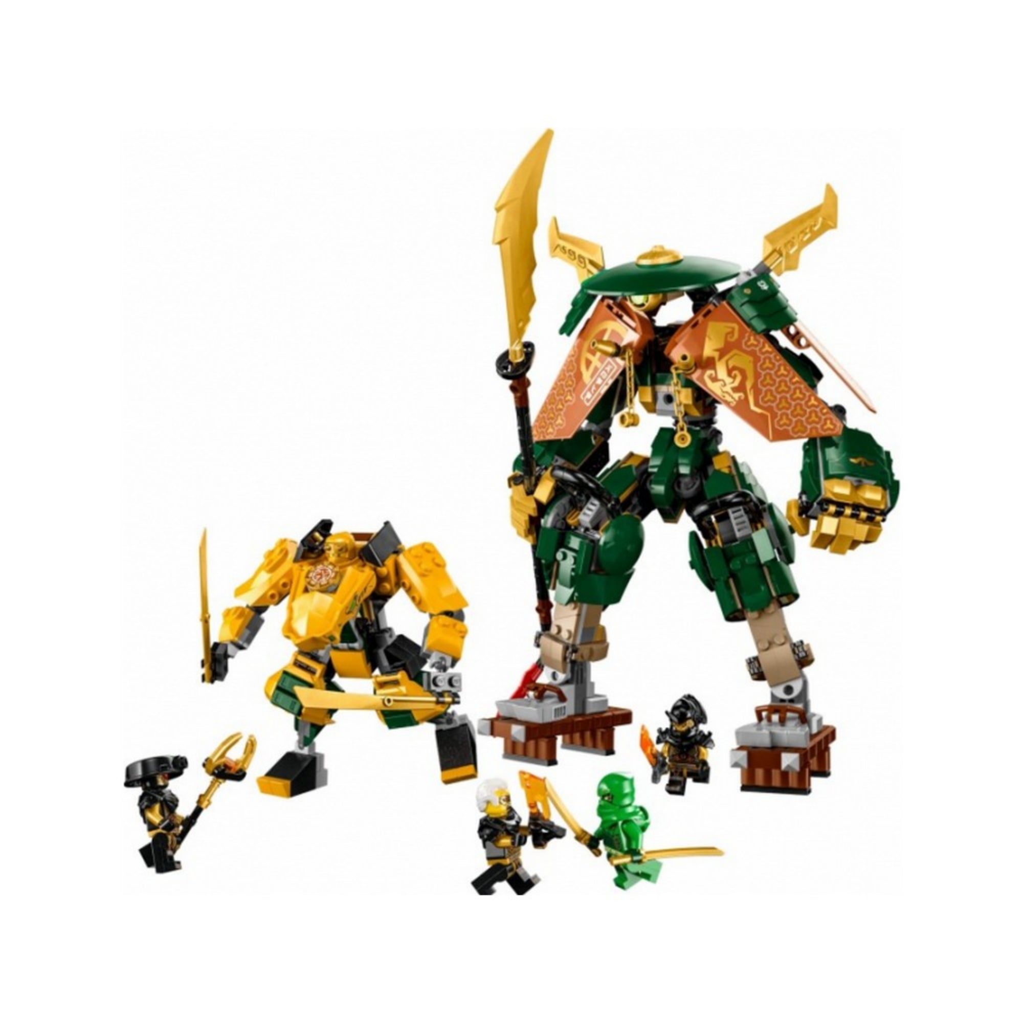 LEGO NINJAGO Lloyd és Arin nindzsacsapatának robotjai (71794) – a teljes játékkészlet: két összeépíthető robot, valamint öt minifigura: Lloyd, Arin, Imperium karomharcos, Imperium őrparancsnok és Rapton.
