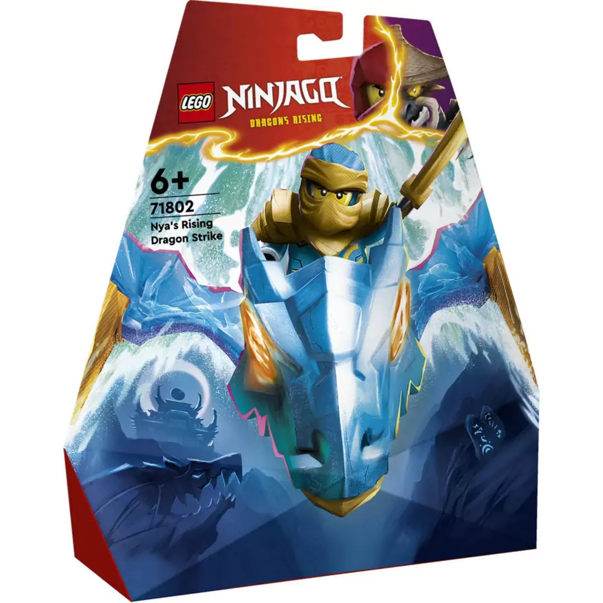 A LEGO NINJAGO 71802 készlet díszdoboza, középpontban a sárkány hátán ülő Nya karakterrel; a csomagolás élénk kék, arany és fehér színekkel, viharos háttérrel és a DRAGONS RISING sorozat logójával.