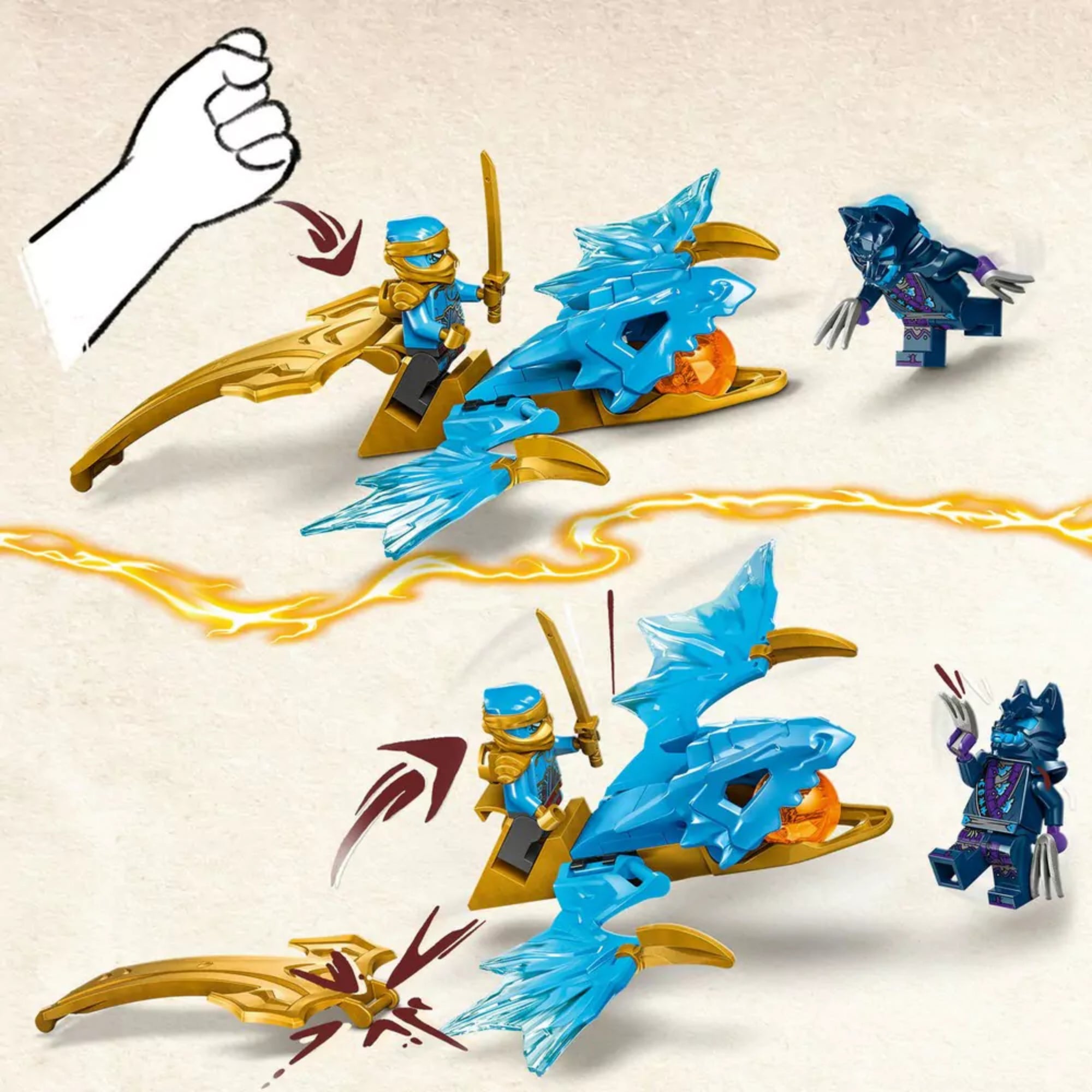 Akciódús illusztráció a LEGO NINJAGO 71802 játékfunkciójáról: Nya lendületből indít támadást a kék sárkányával, miközben a rugós mechanizmus hatására a sárkány szárnyai kinyílnak, és az ellenség – egy sötétkék farkasmaszkos figura – hátrálni kényszerül.